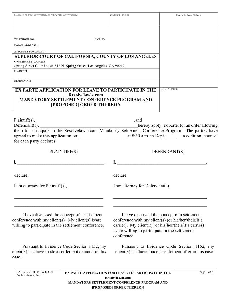 Ex Parte Application For Leave To Participate In The Resolvelawla.com Mandatory Settlement Conference {LACIV290} | Pdf Fpdf Docx | California
