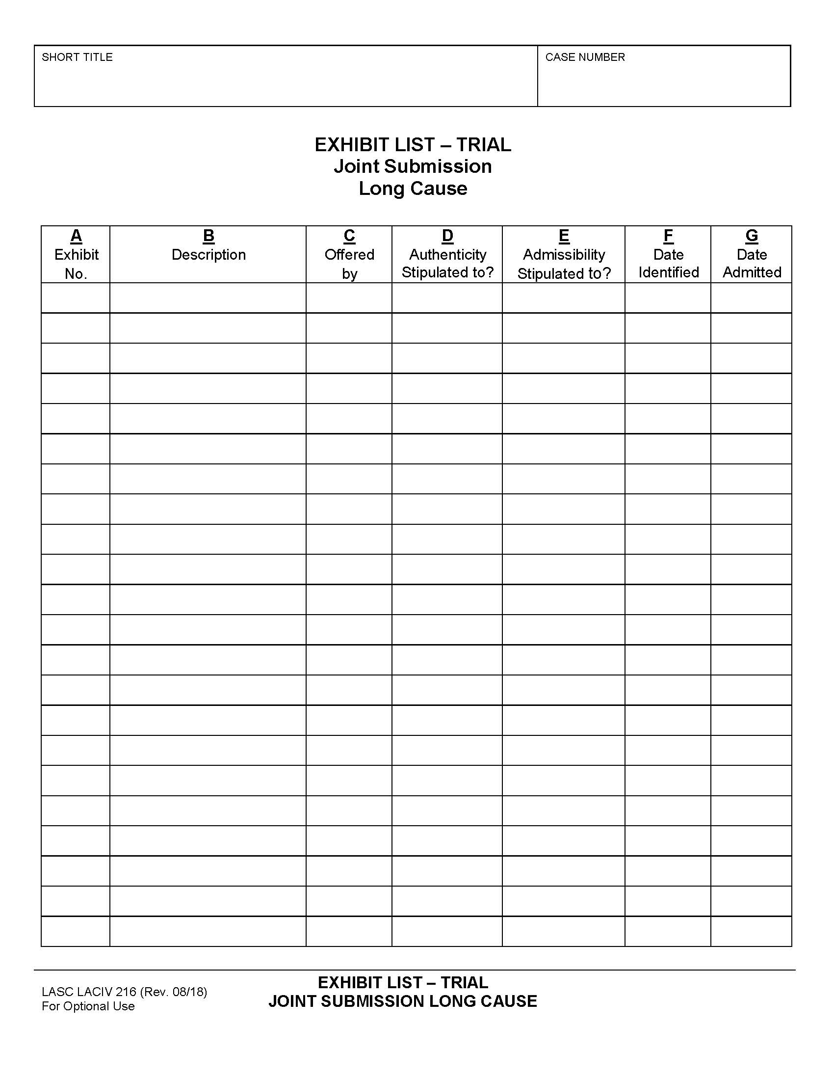 Exhibit List-Trial {LACIV216} | Pdf Fpdf Docx | California