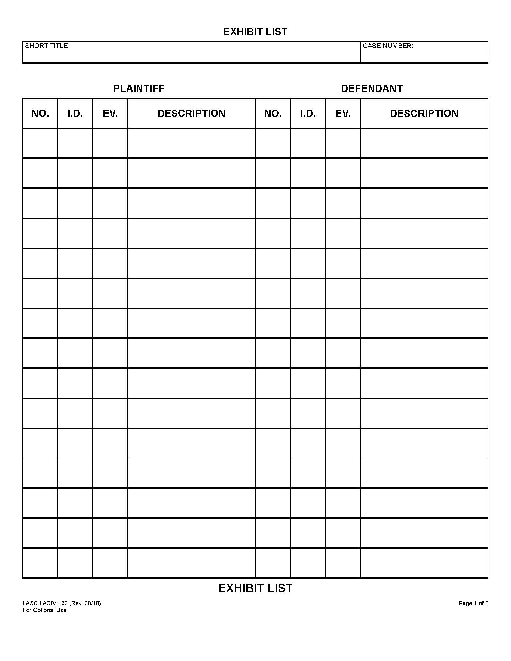 Exhibits List {CIV 137} | Pdf Fpdf Docx | California