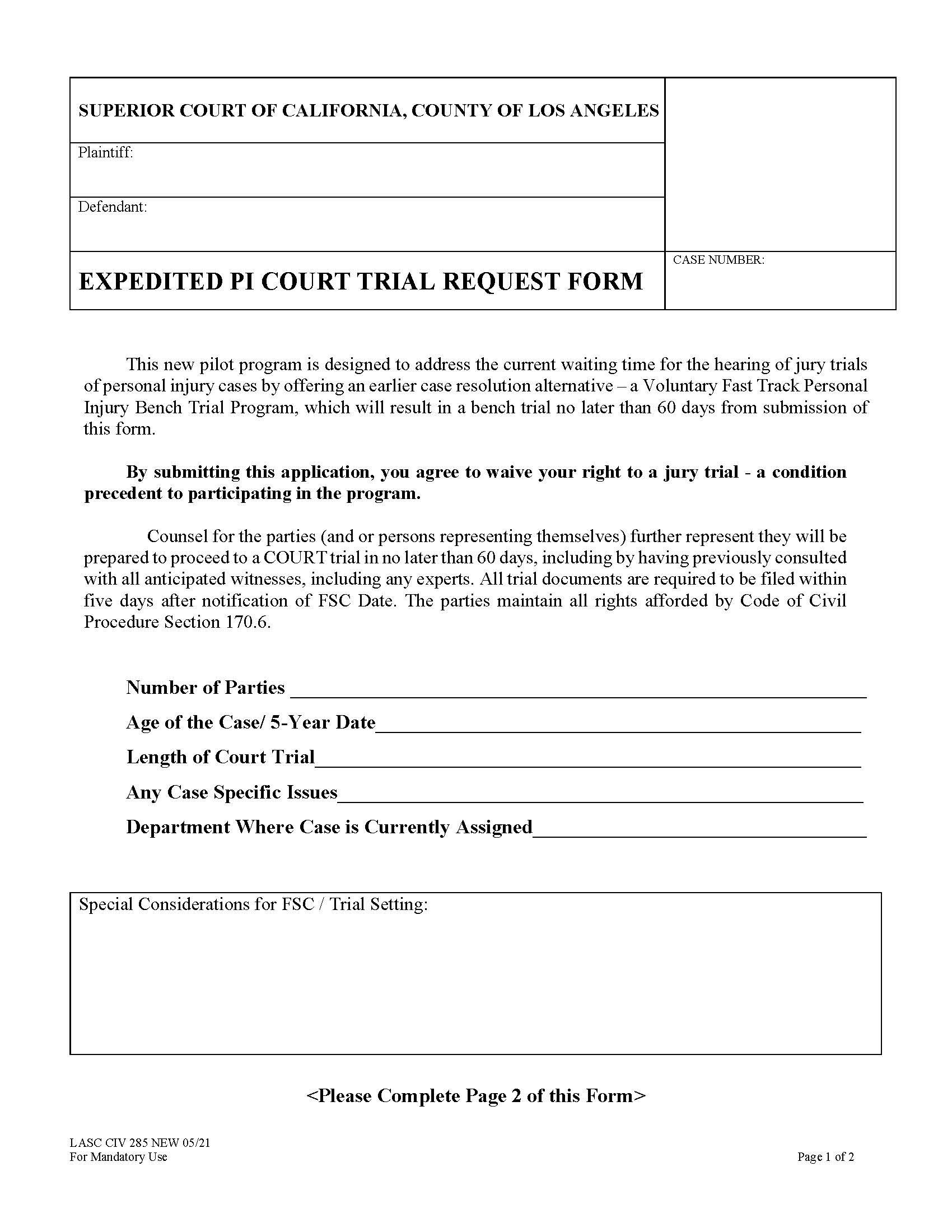 Expedited PI Court Trial Request Form {LACIV285} | Pdf Fpdf Docx | California