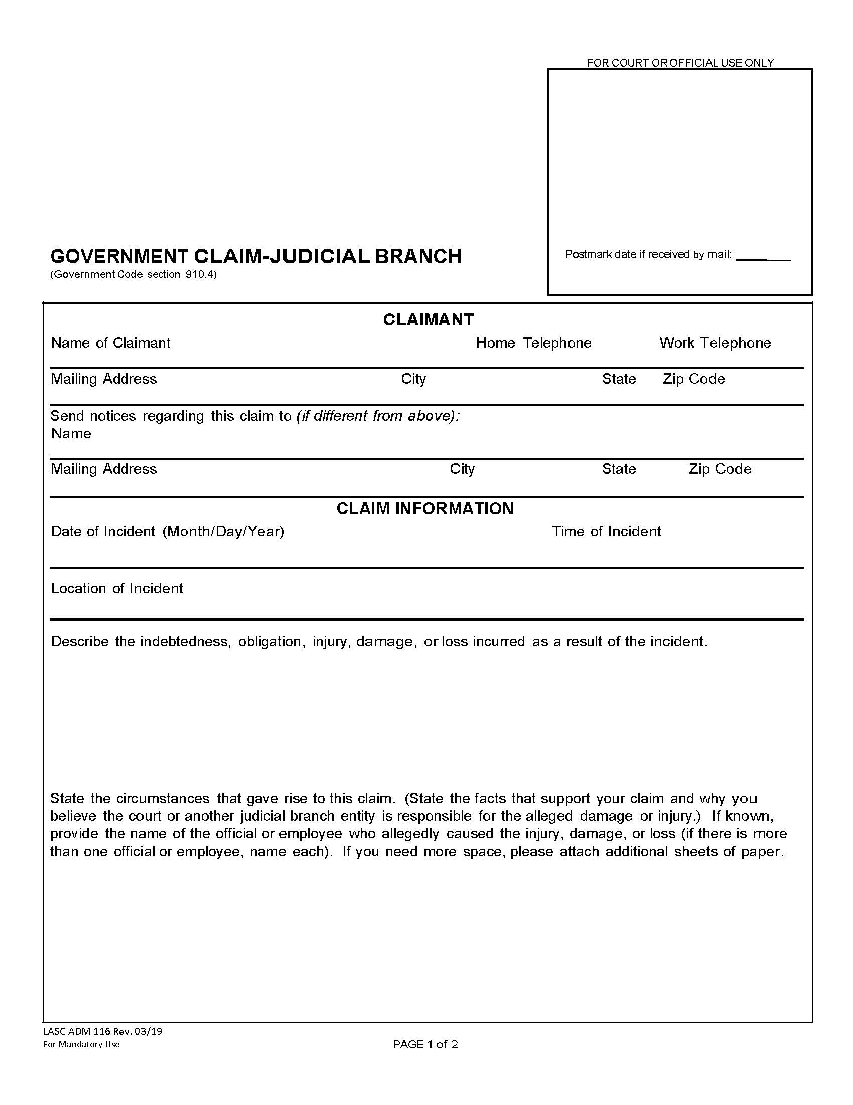 Government Claim-Judicial Branch {ADM116} | Pdf Fpdf Docx | California