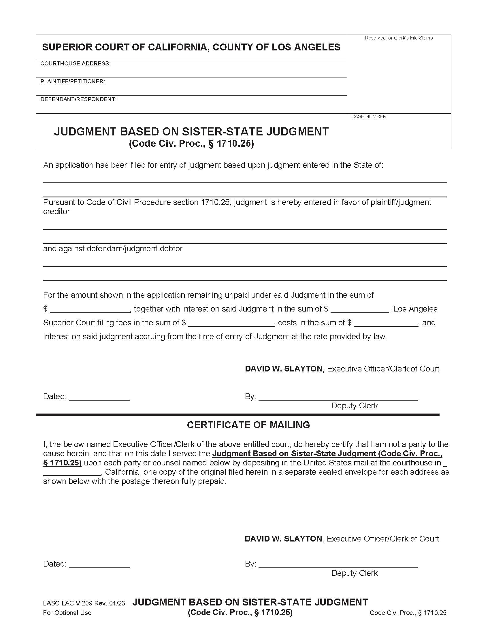 Judgment Based On Sister State Judgment (Code Of Civ. Proc. 1710.25) {LACIV209} | Pdf Fpdf Docx | California