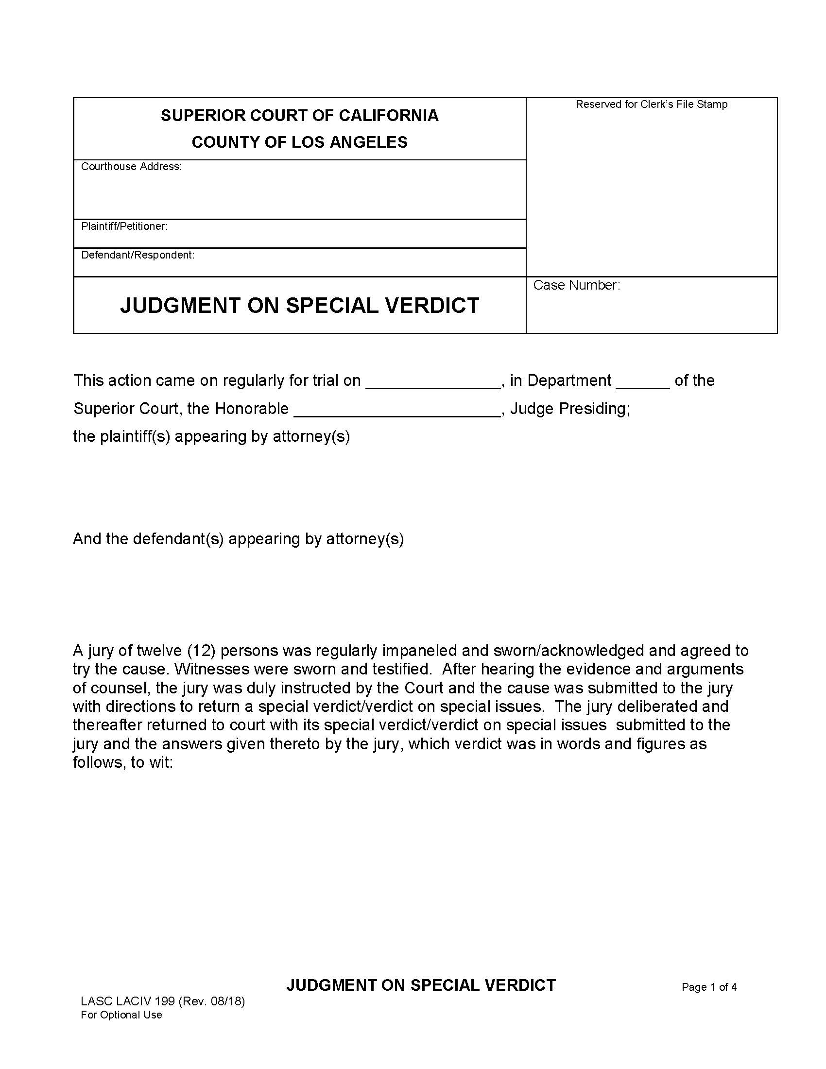 Judgment On Special Verdict {LACIV 199} | Pdf Fpdf Docx | California