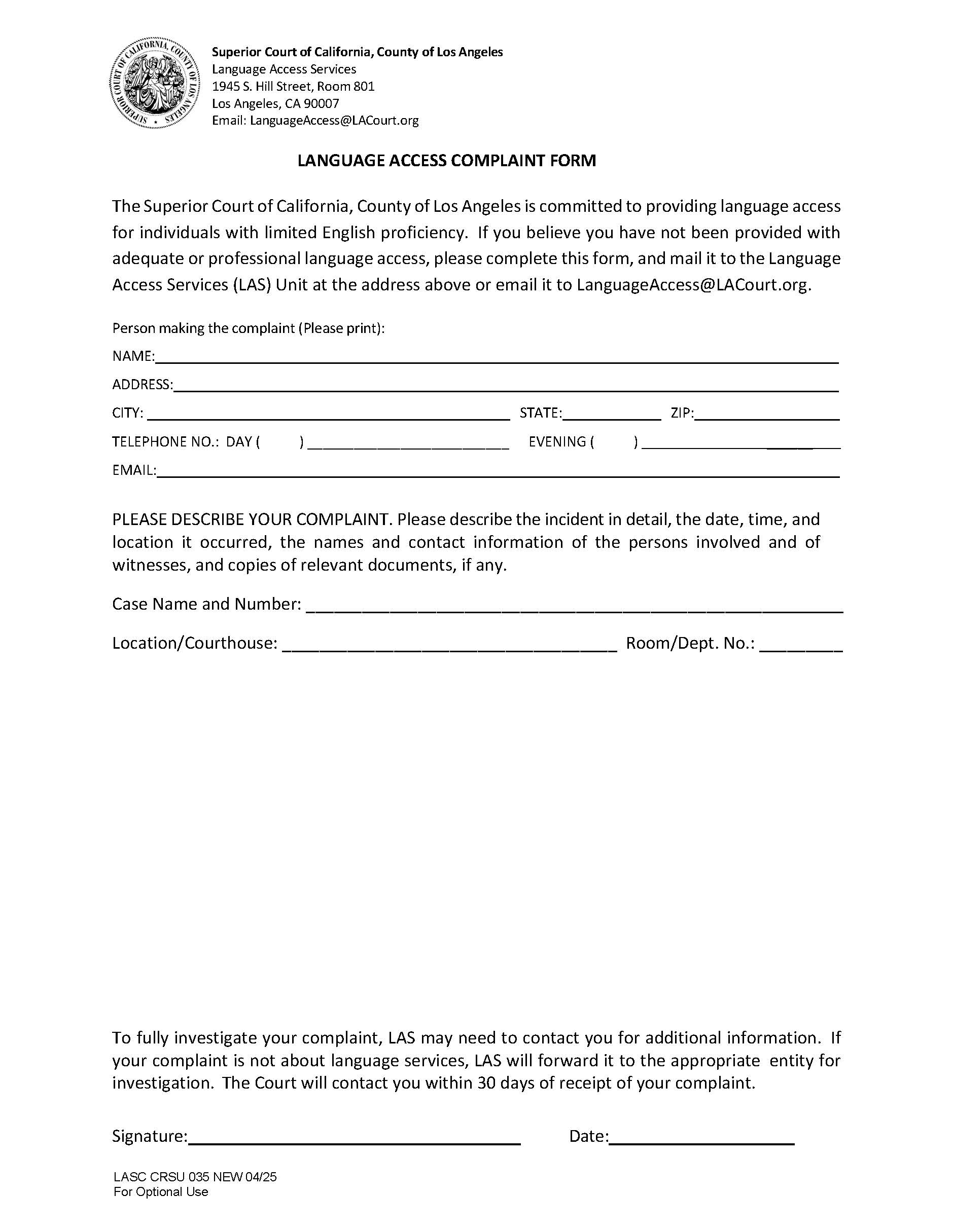Language Access Complaint Form {CRSU 035} | Pdf Fpdf Docx | California