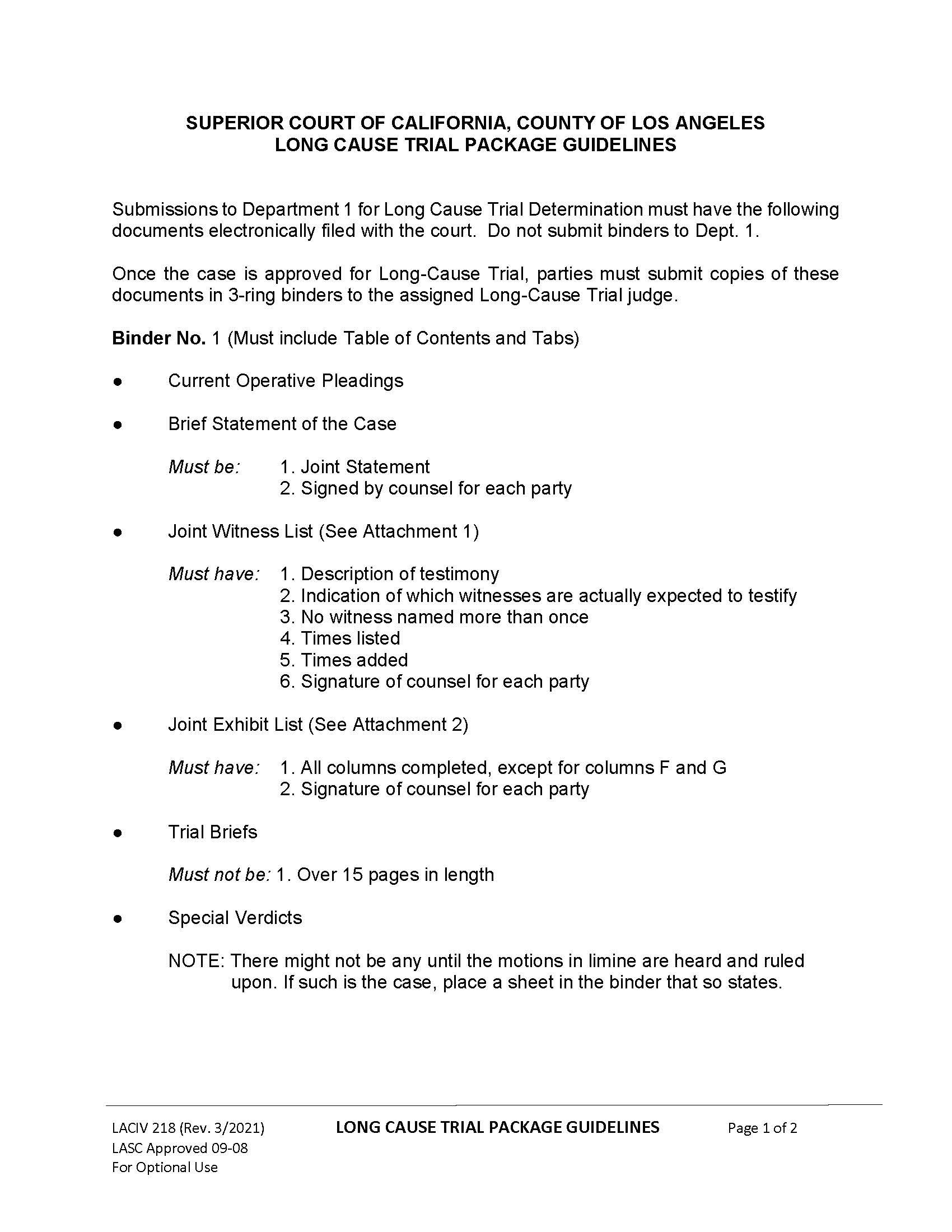 Long Cause Trial Package Guidelines With Attachment(s) {LACIV218} | Pdf Fpdf Docx | California