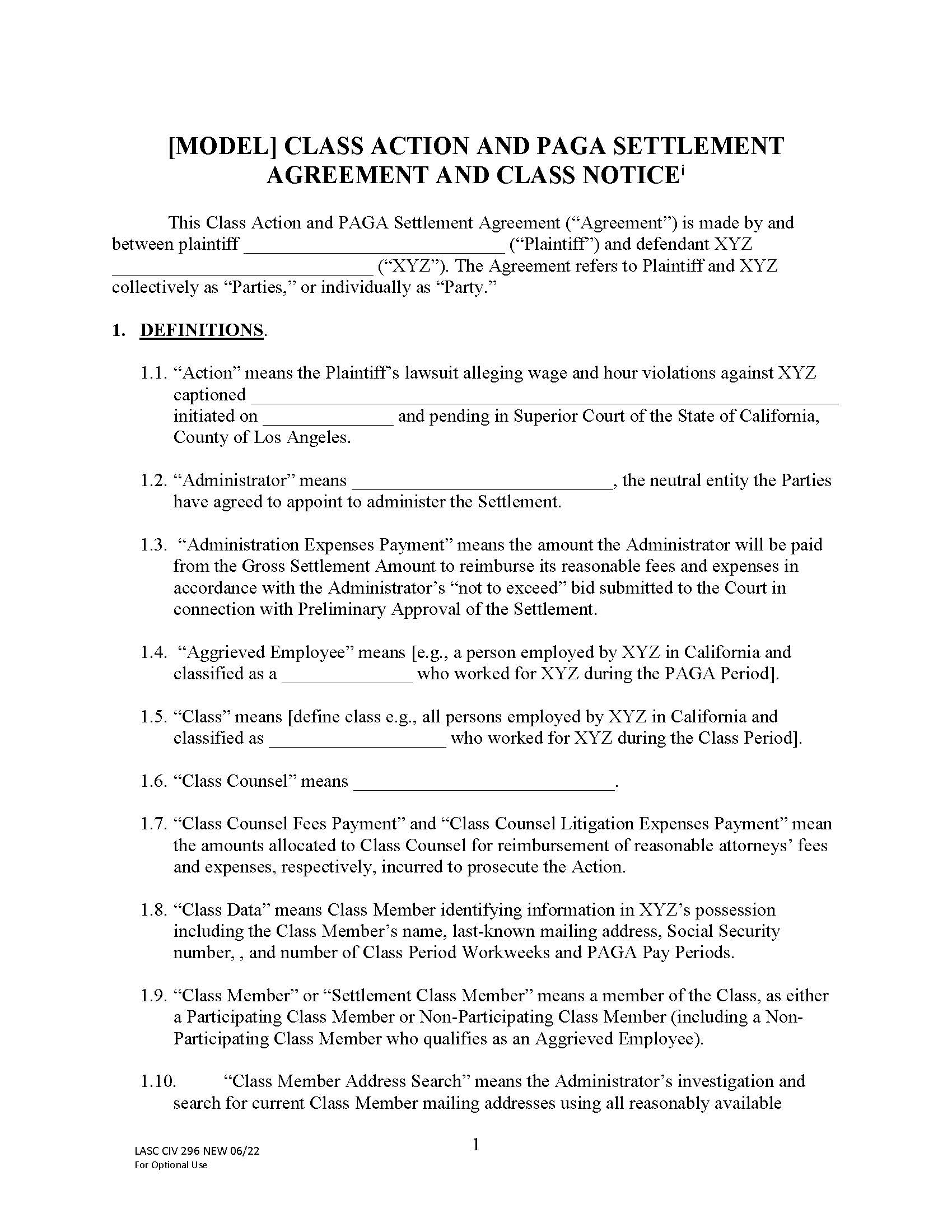 Model Class Action And PAGA Settlement Agreement And Class Notice {LACIV296} | Pdf Fpdf Docx | California