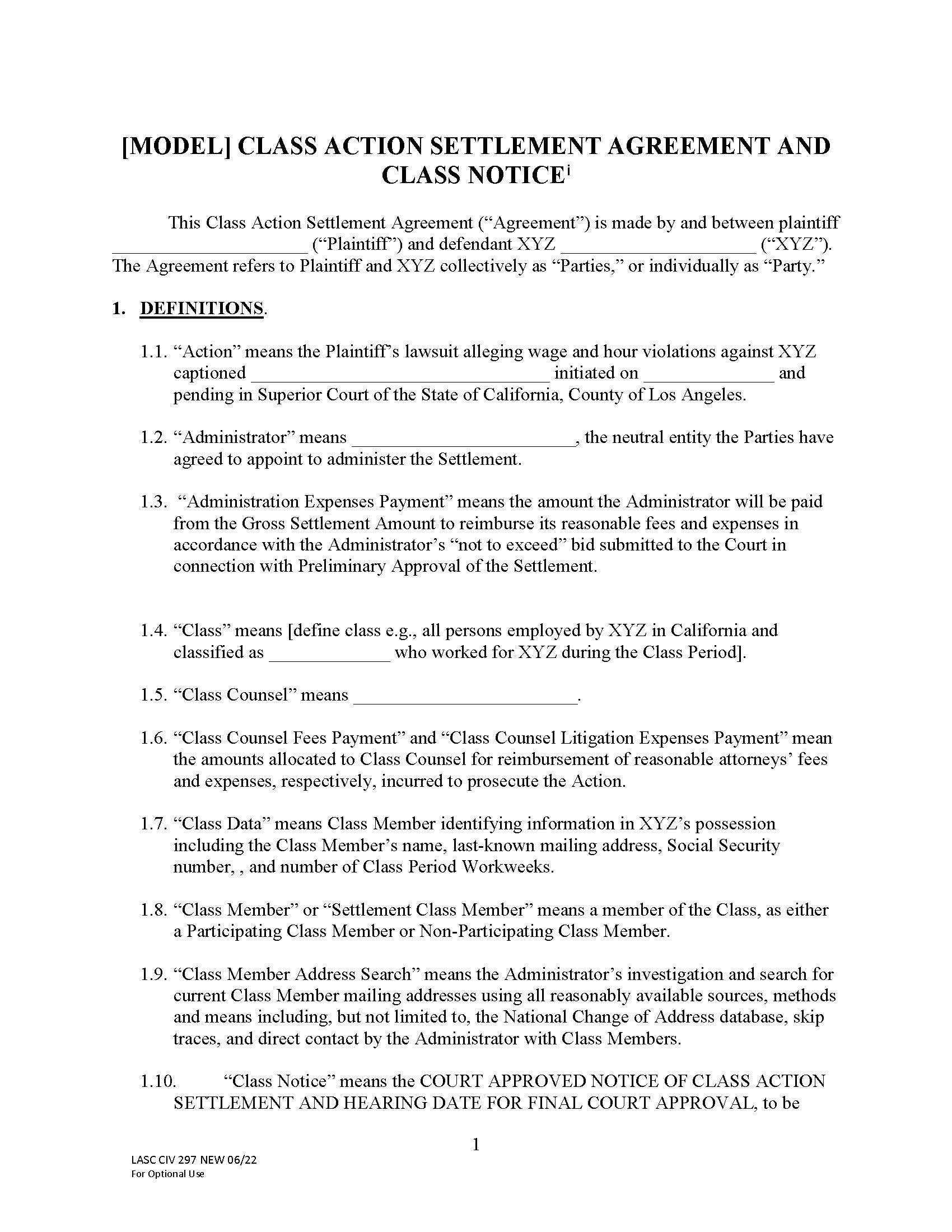 Model Class Action Settlement Agreement And Class Notice {LACIV297} | Pdf Fpdf Docx | California