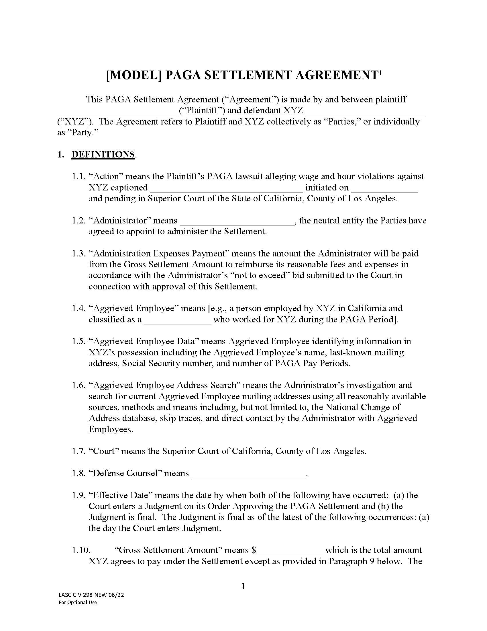 Model PAGA Settlement Agreement {LACIV298} | Pdf Fpdf Docx | California