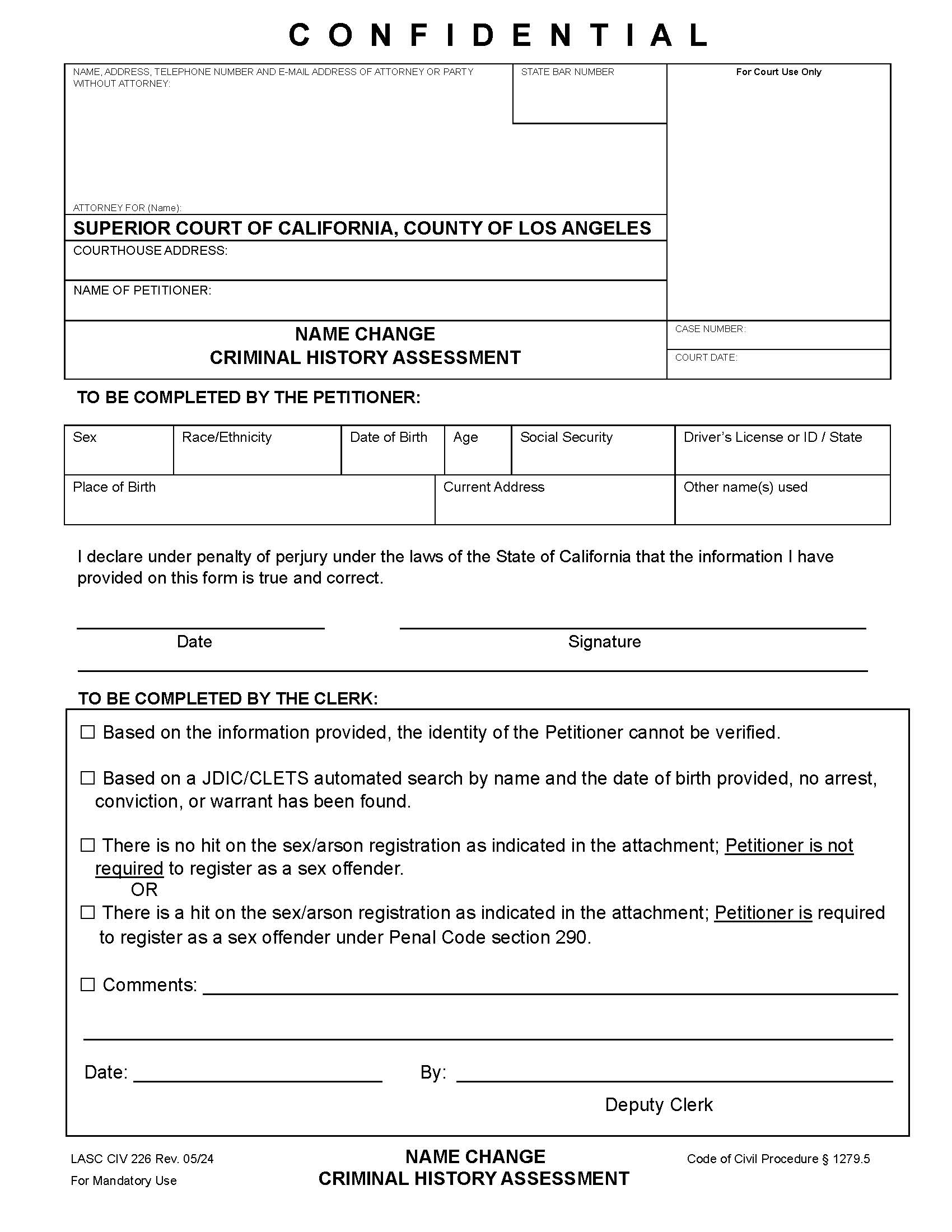 Name Change Criminal History Assessment {LACIV 226} | Pdf Fpdf Docx | California