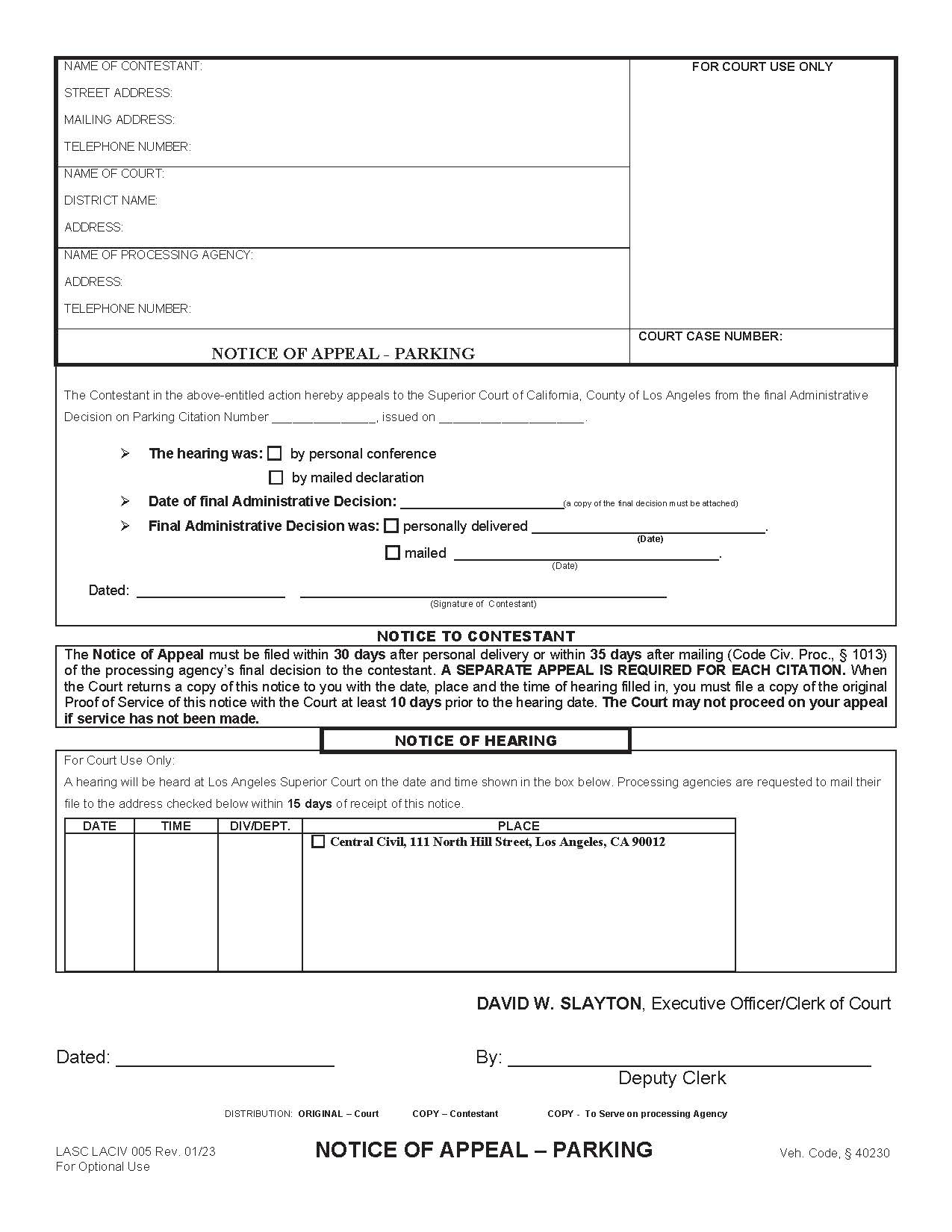 Notice Of Appeal Parking {LACIV005} | Pdf Fpdf Doc Docx | California