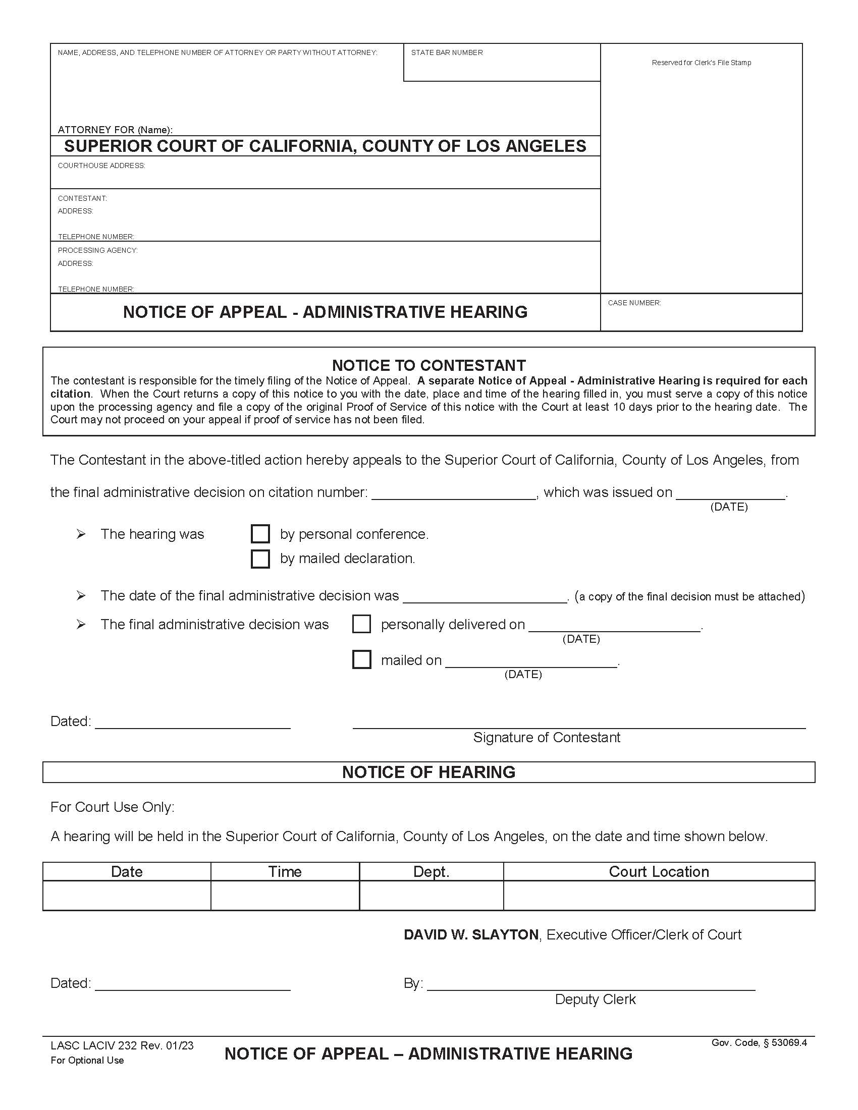 Notice Of Appeal-Administrative Hearing {LACIV232} | Pdf Fpdf Doc Docx | California