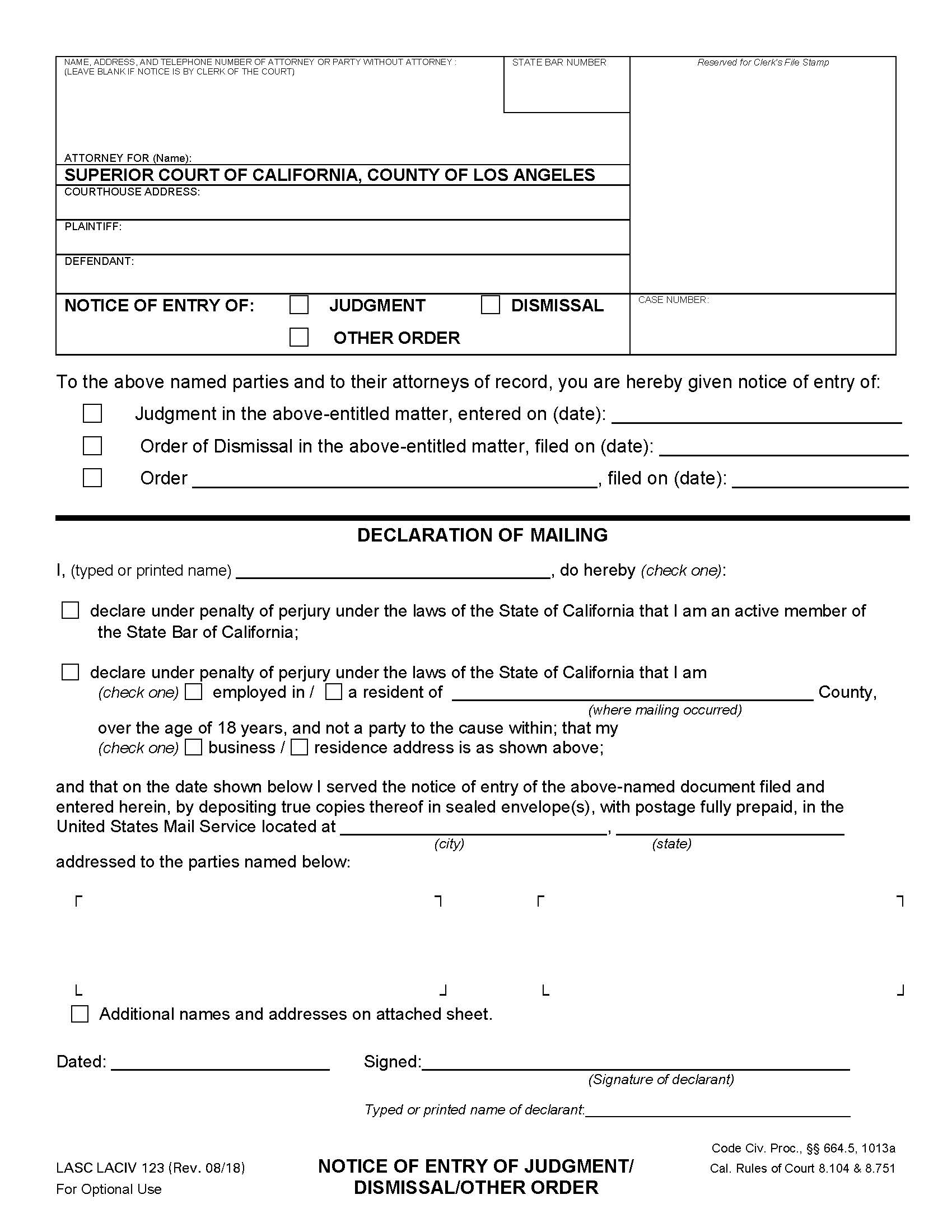 Notice Of Entry Of Judgment-Dismissal-Other Order {LACIV 123} | Pdf Fpdf Docx | California