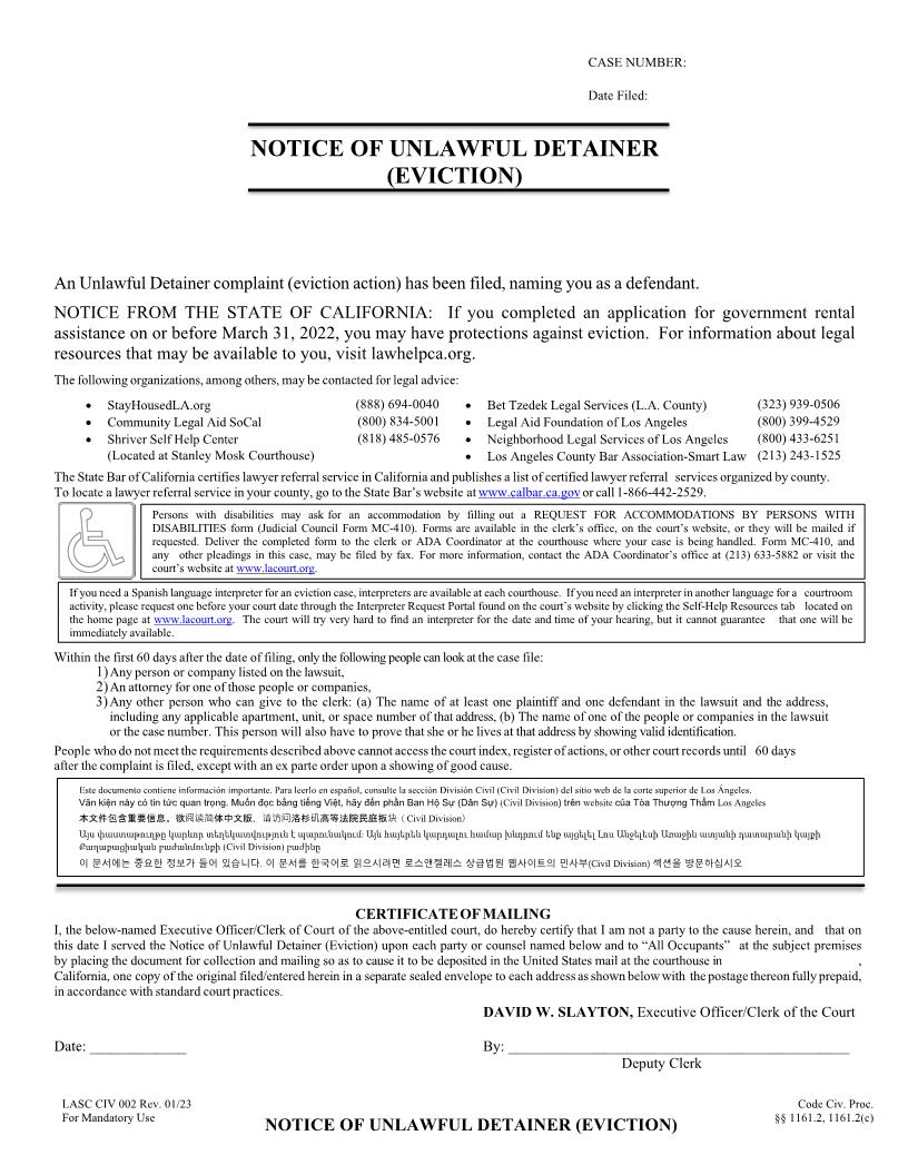 Notice Of Unlawful Detainer (Eviction) (English) {LACIV002} | Pdf Fpdf Docx | California