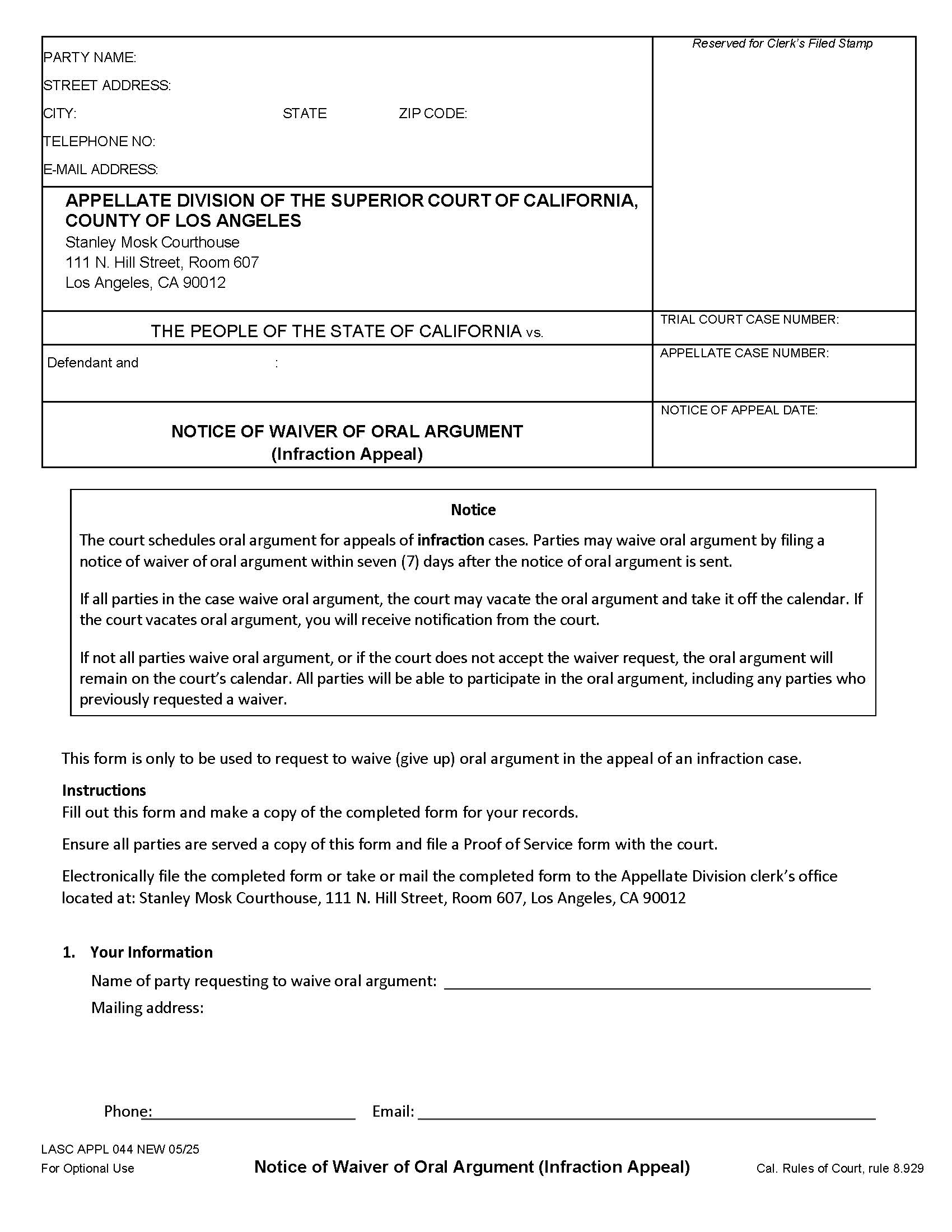 Notice Of Waiver Of Oral Argument (Infraction Appeal) {LASC APPL 044} | Pdf Fpdf Docx | California