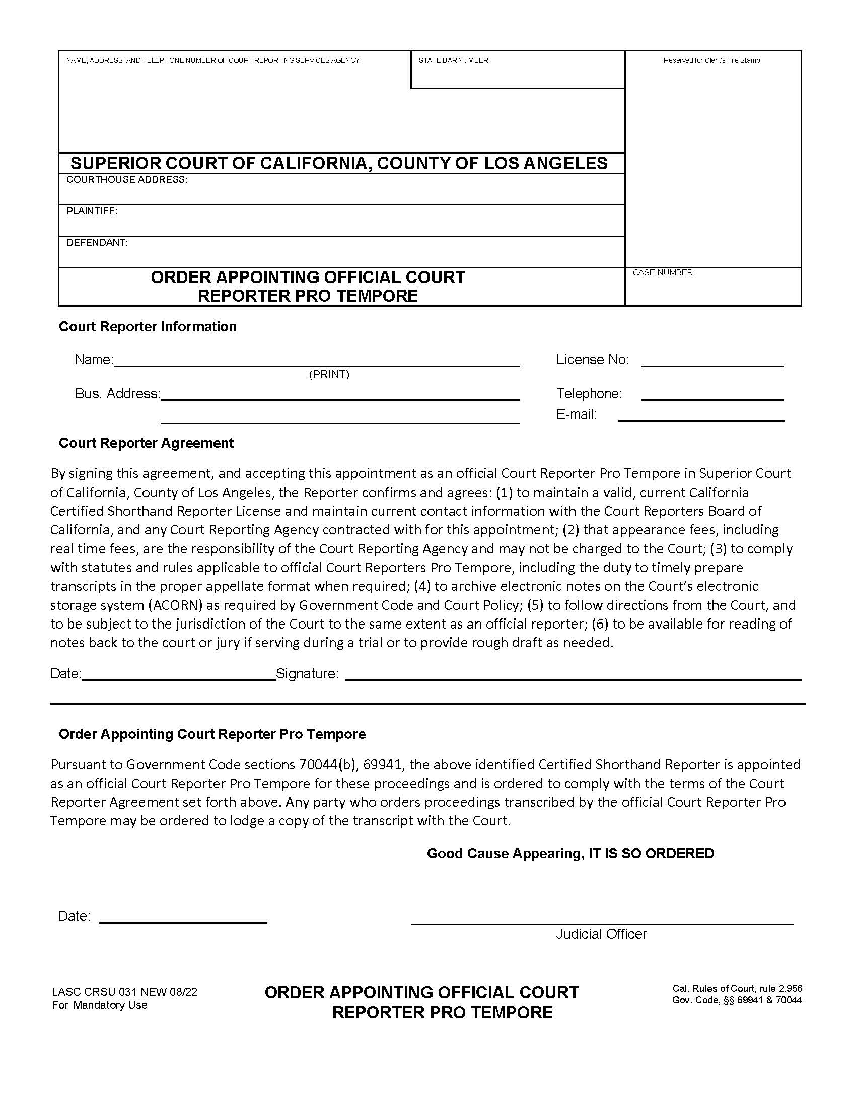 Order Appointing Official Court Reporter Pro Tempore {LASCRSU031} | Pdf Fpdf Docx | California
