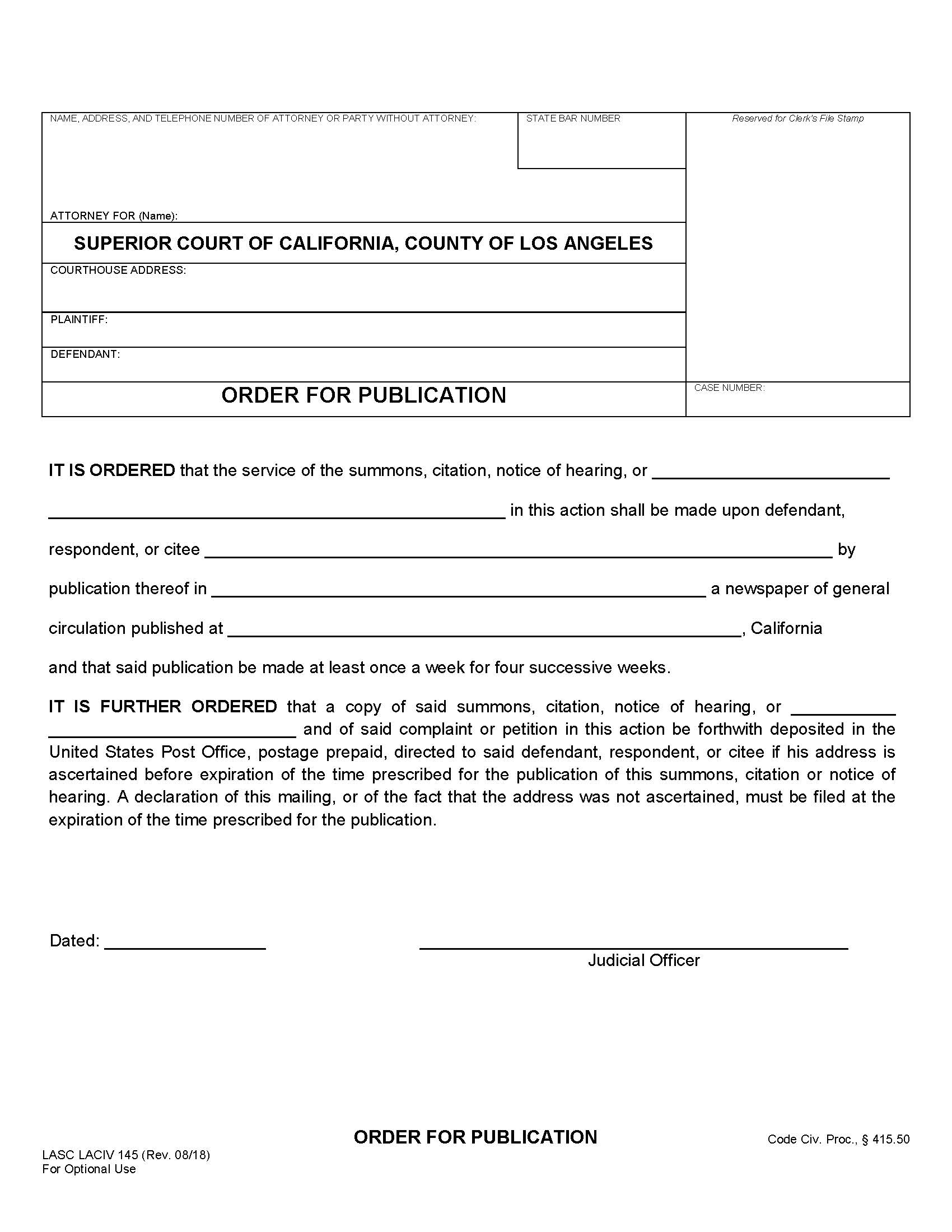 Order For Publication {LACIV 145} | Pdf Fpdf Docx | California