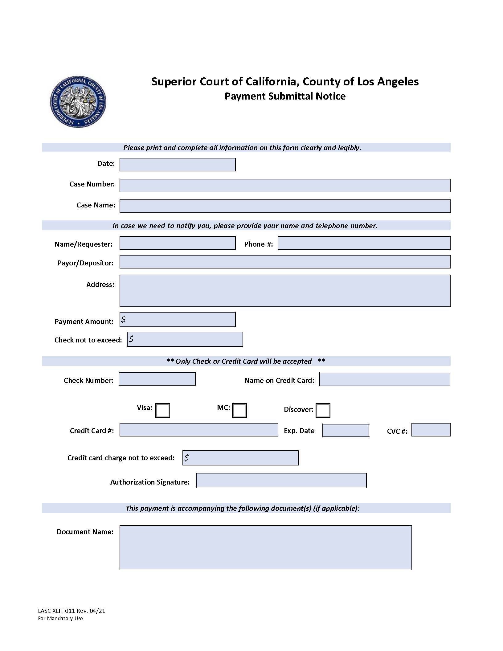 Payment Submittal Notice {XLIT011} | Pdf Fpdf Docx | California
