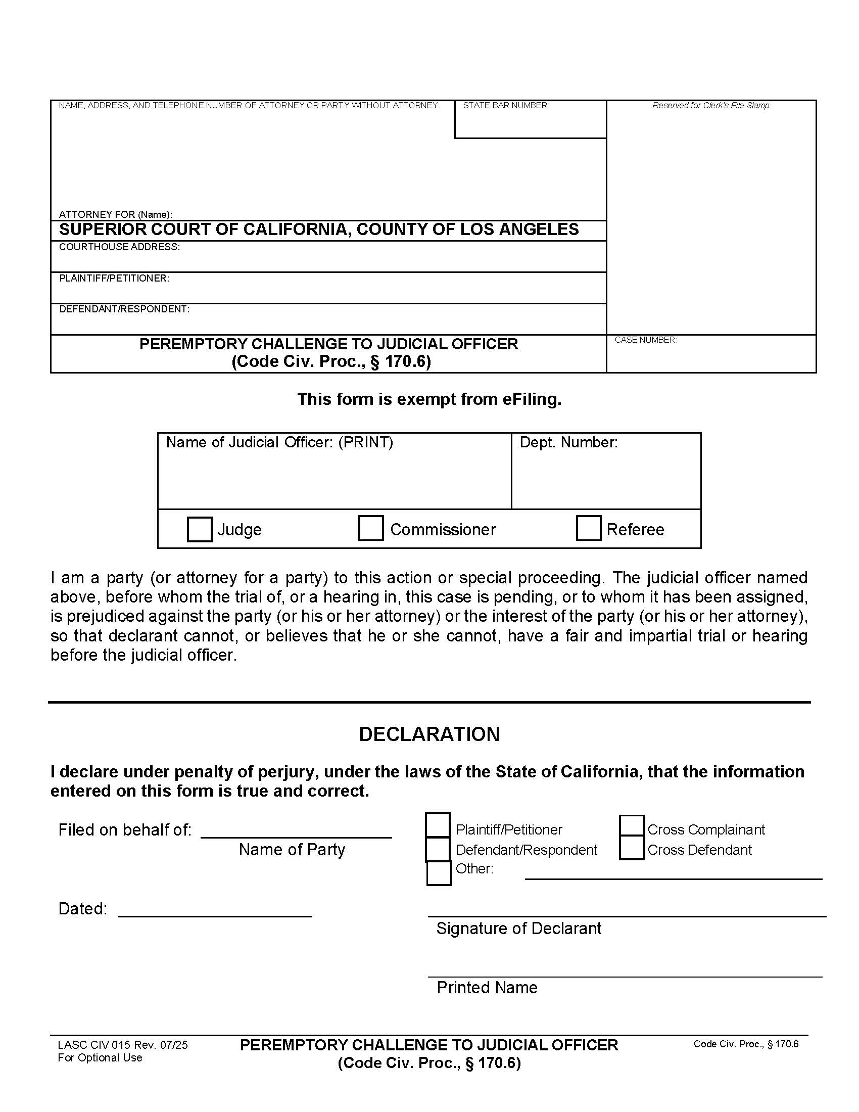 Peremptory Challenge To Judicial Officer {LACIV015} | Pdf Fpdf Doc Docx | California