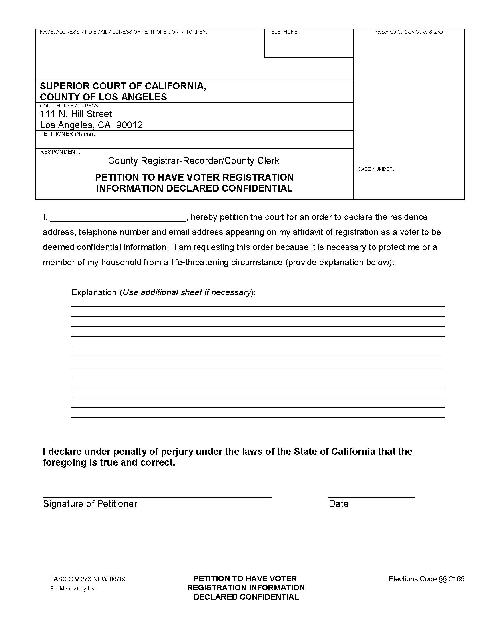Petition To Have Voter Registration Information Declared Confidential {LACIV273} | Pdf Fpdf Docx | California