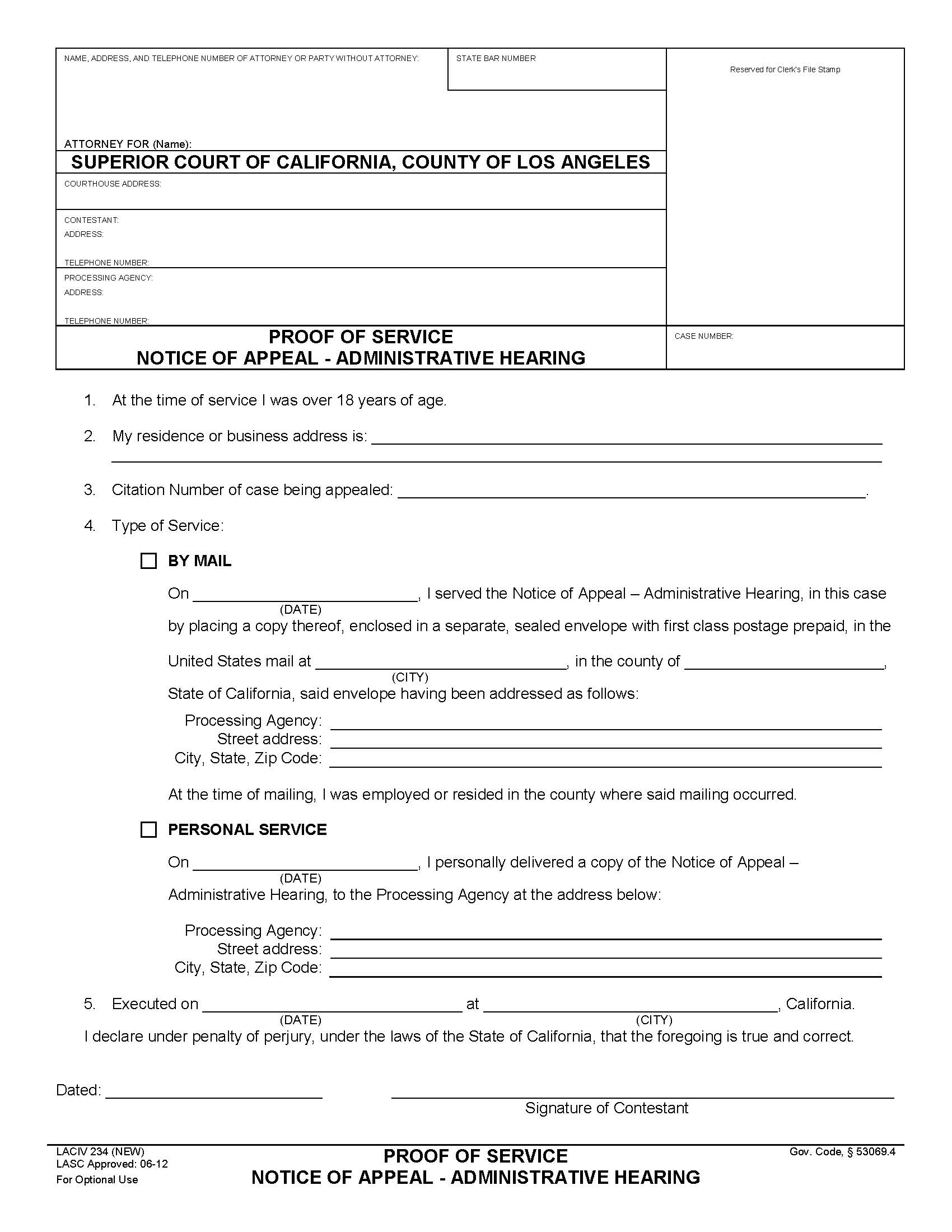 Proof Of Service Notice Of Appeal-Administrative Hearing {LACIV 234} | Pdf Fpdf Doc Docx | California