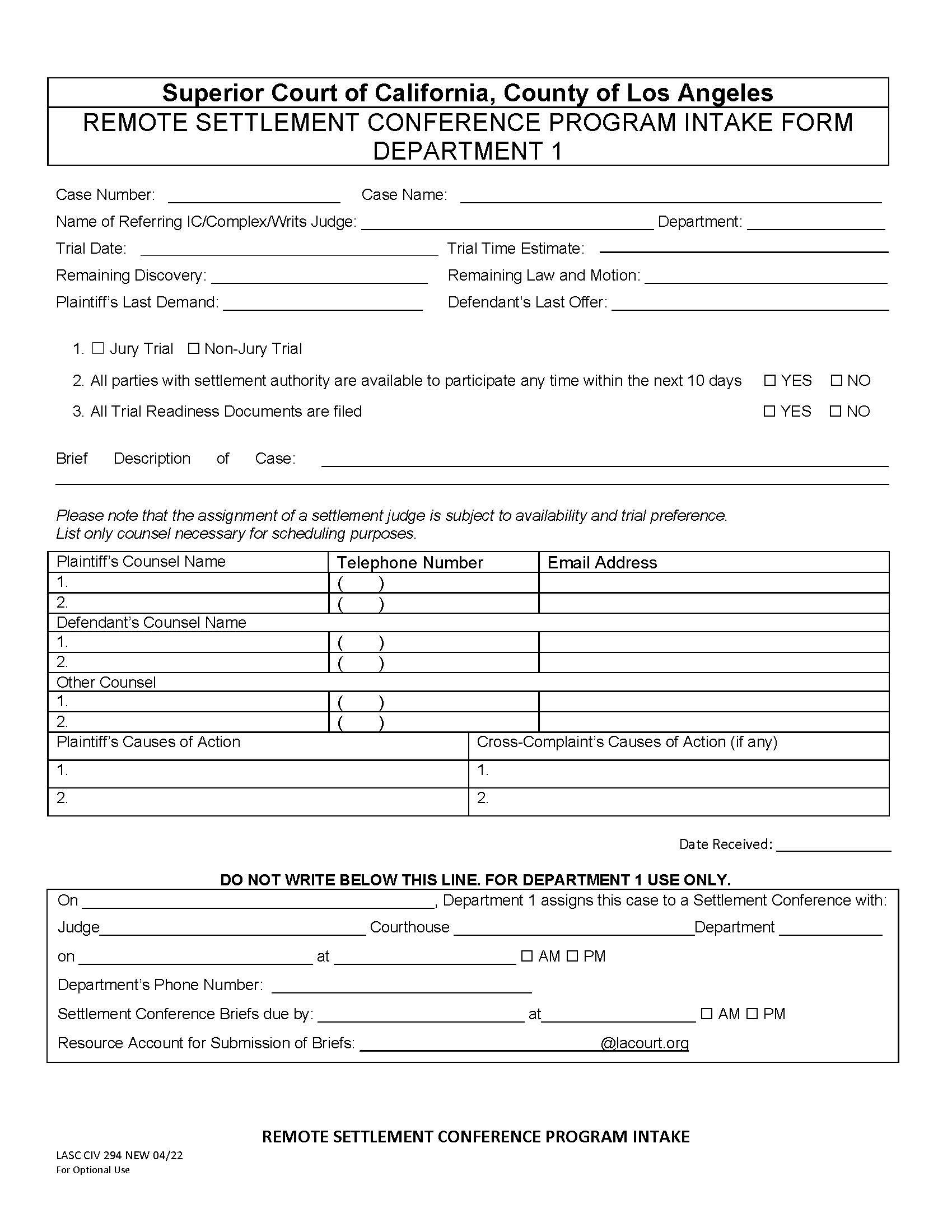 Remote Settlement Conference Program Intake {LACIV294} | Pdf Fpdf Docx | California