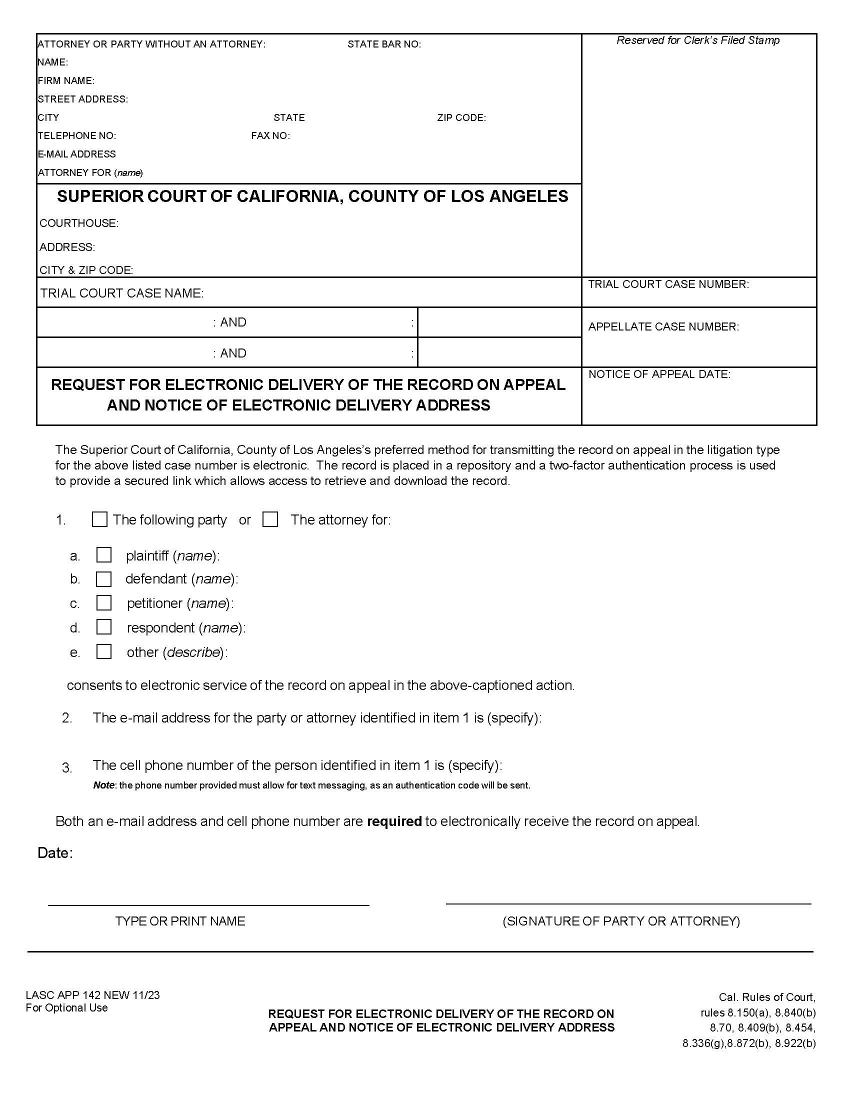 Request For Electronic Delivery Of Record On Appeal And Notice {APP 142} | Pdf Fpdf Docx | California