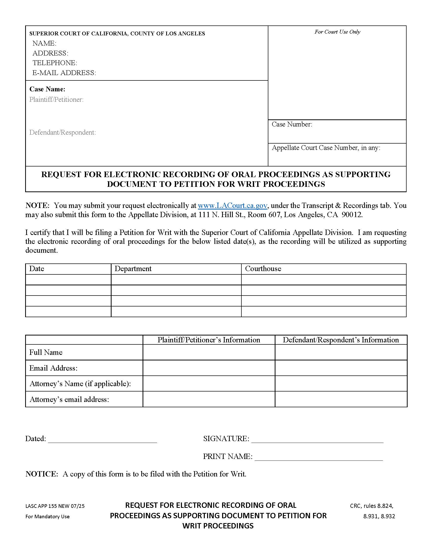 Request For Electronic Recording Of Oral Proceedings As Supporting Document {LASC APP 155} | Pdf Fpdf Docx | California