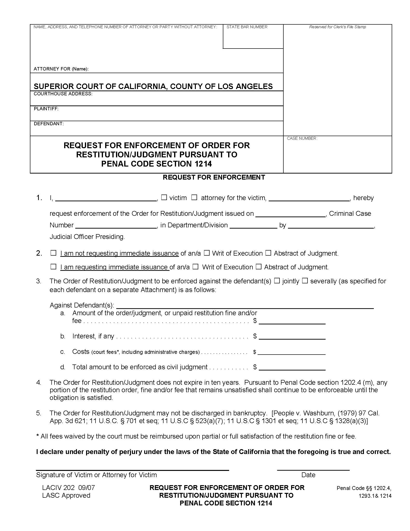 Request For Enforcement Of Order For Restitution-Judgment {LACIV 202} | Pdf Fpdf Doc Docx | California