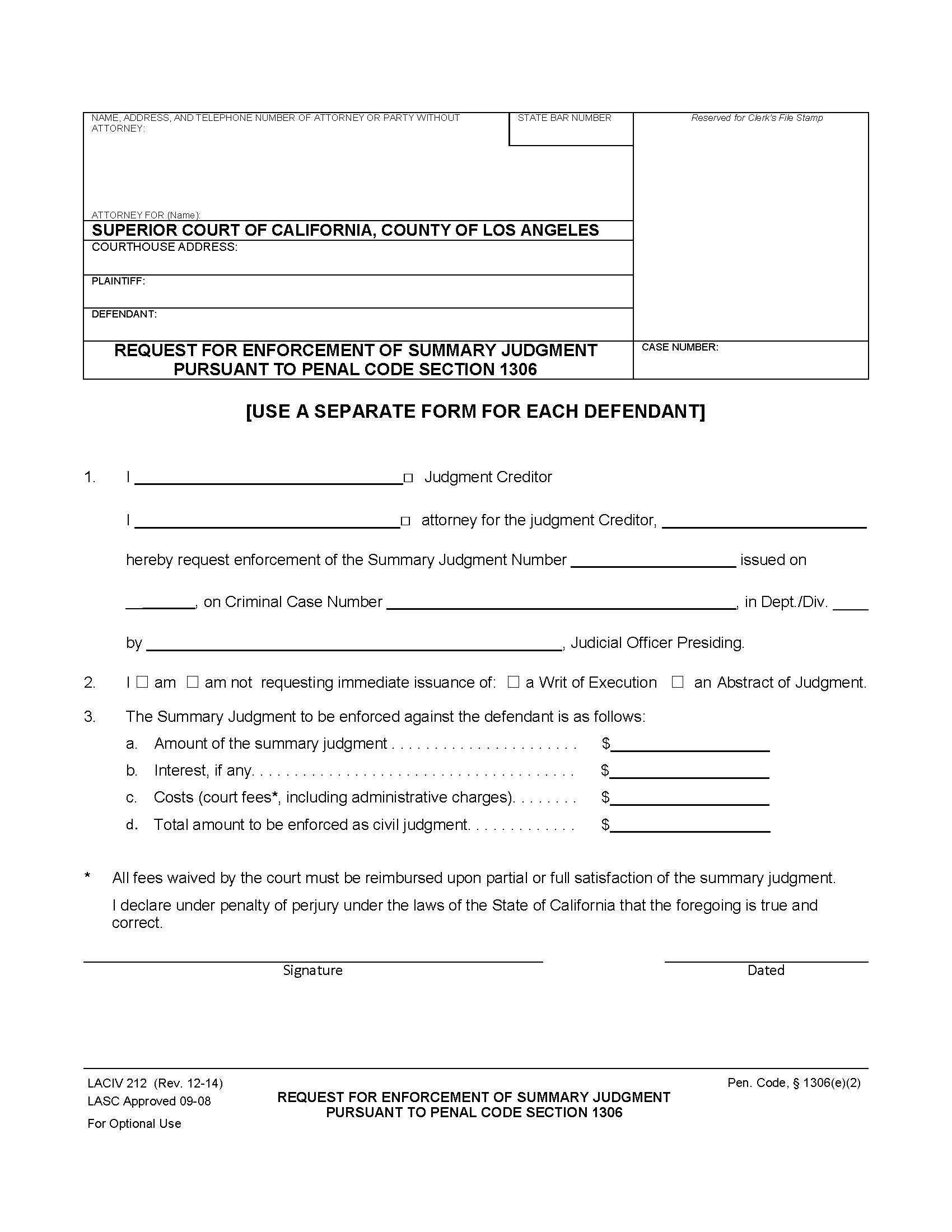 Request For Enforcement Of Summary Judgment Pursuant To Penal Code Section 1306 {LACIV212} | Pdf Fpdf Doc Docx | California