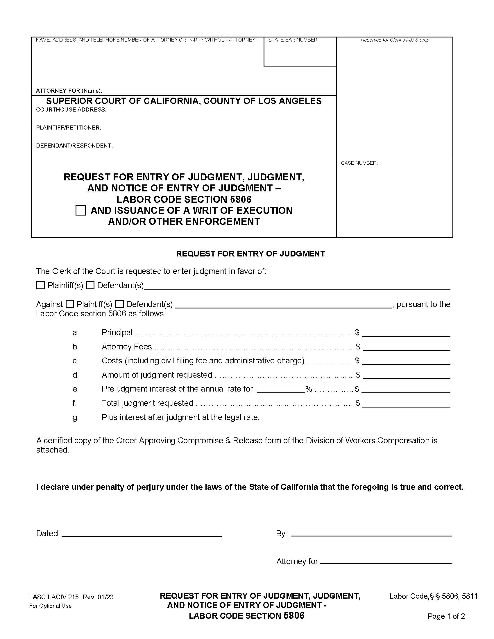 Request For Entry Of Judgment Judgment And Notice Of Entry Of Judgment {LACIV215} | Pdf Fpdf Doc Docx | California