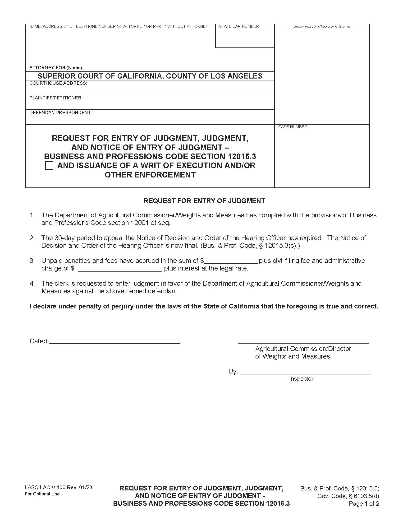 Request For Entry Of Judgment-Business And Professions Code Section 1215.3 {LACIV100} | Pdf Fpdf Doc Docx | California