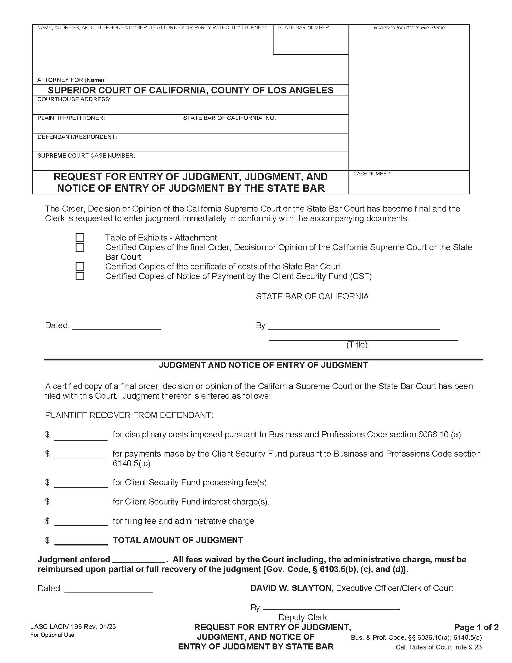 Request For Entry Of Judgment-By The State Bar {LACIV196} | Pdf Fpdf Doc Docx | California