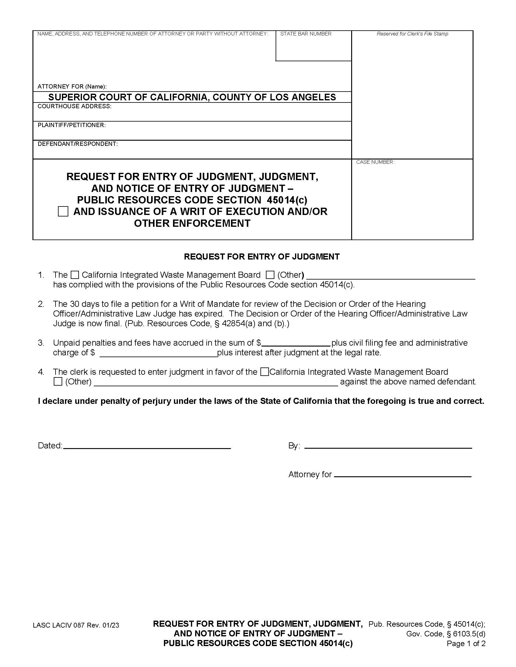Request For Entry Of Judgment-Public Resources Code Section 45014(C) {LACIV087} | Pdf Fpdf Doc Docx | California