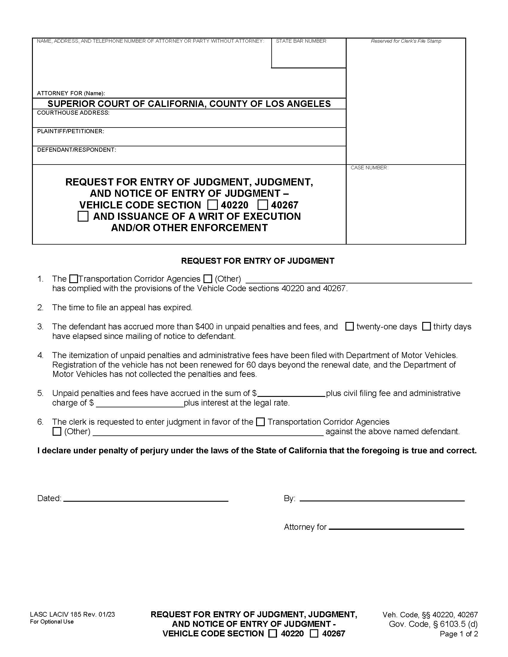Request For Entry Of Judgment-Vehicle Code Section 40220 40267 {LACIV185} | Pdf Fpdf Doc Docx | California