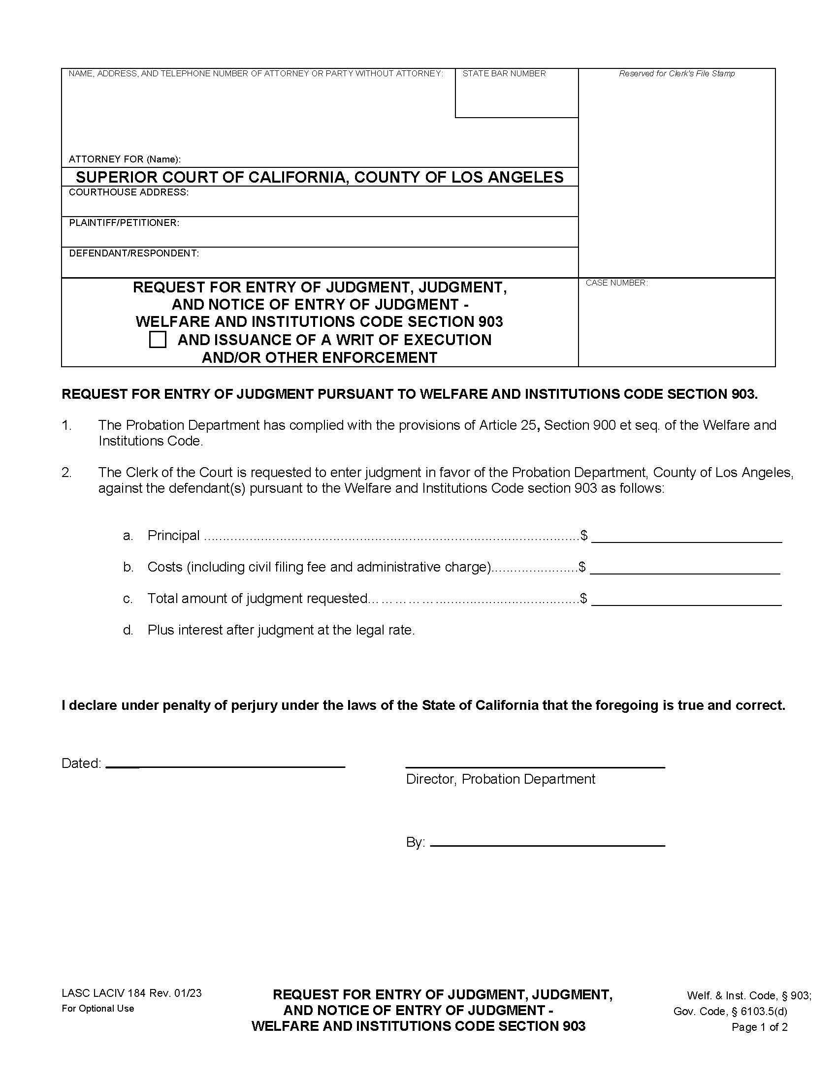 Request For Entry Of Judgment-Welfare And Institutions Code Section 903 {LACIV184} | Pdf Fpdf Doc Docx | California