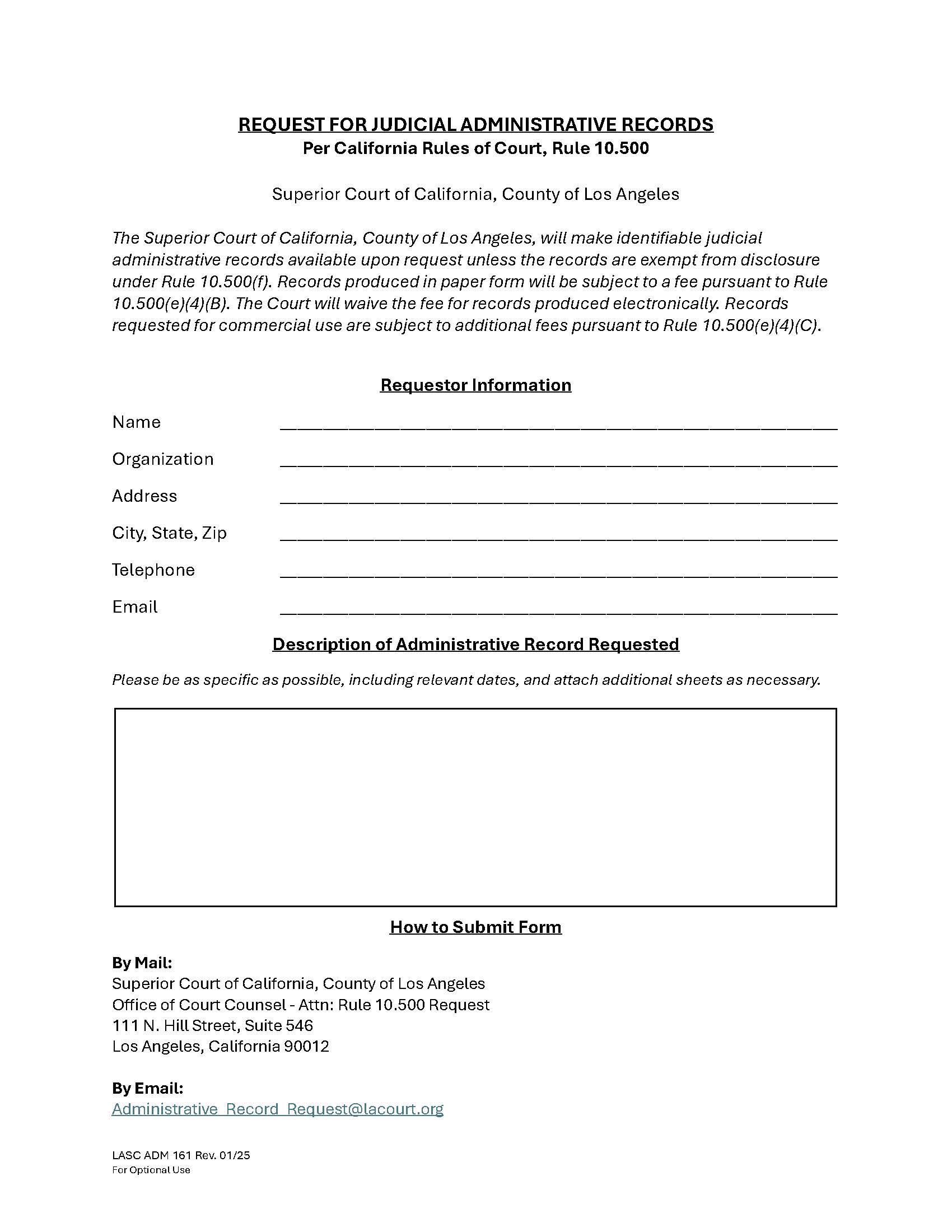 Request For Judicial Administrative Records {LASC ADM 161} | Pdf Fpdf Docx | California
