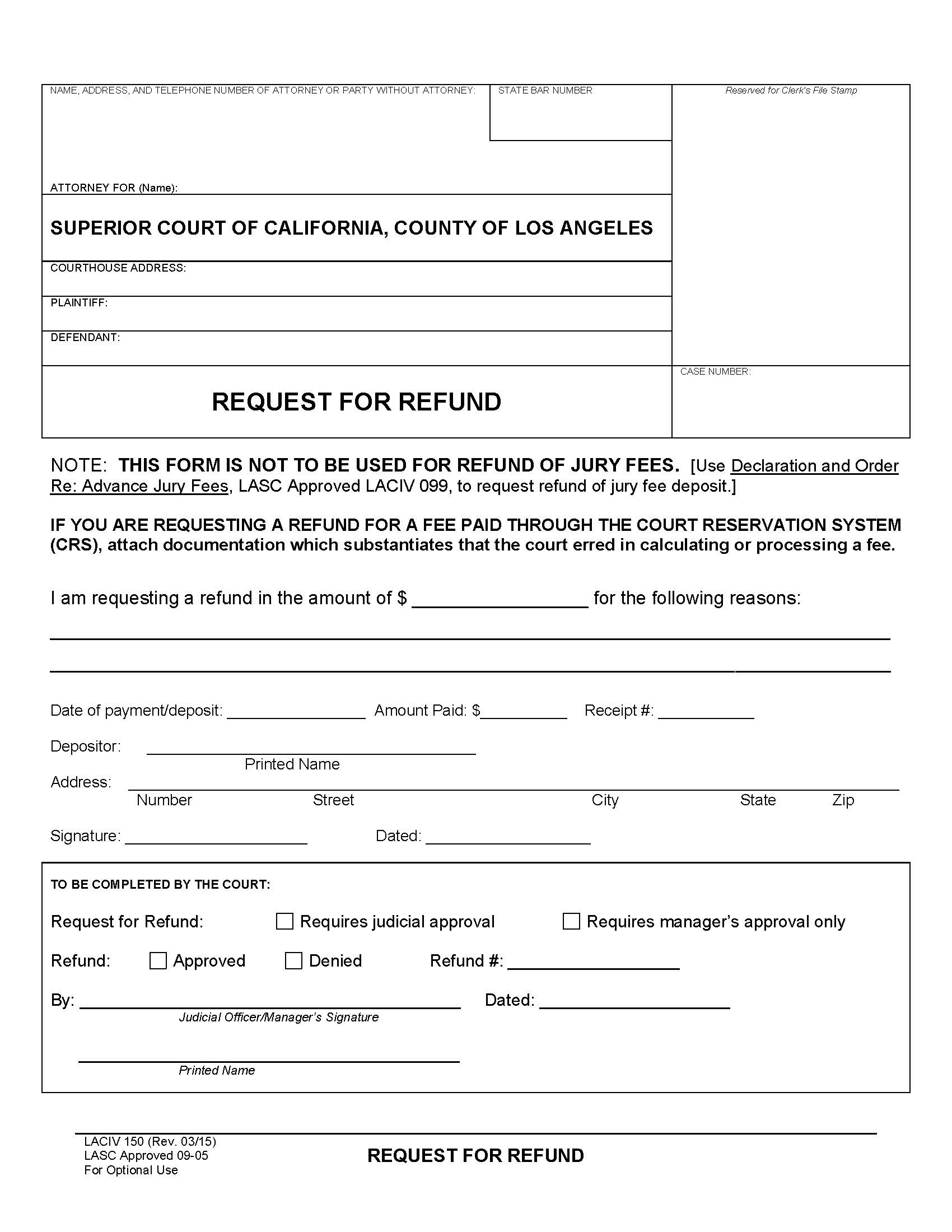 Request For Refund {LACIV 150} | Pdf Fpdf Doc Docx | California