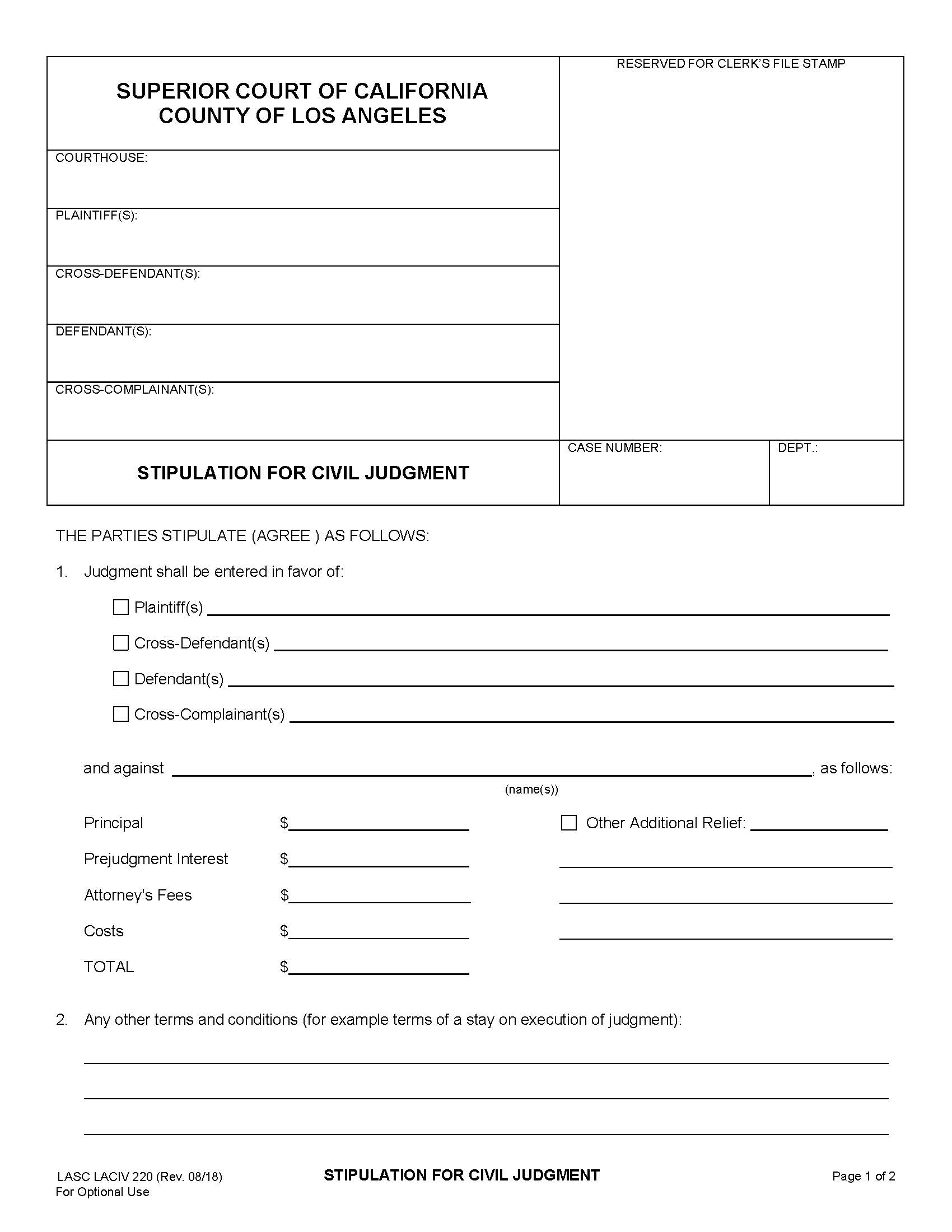 Stipulation For Civil Judgment {LACIV 220} | Pdf Fpdf Docx | California
