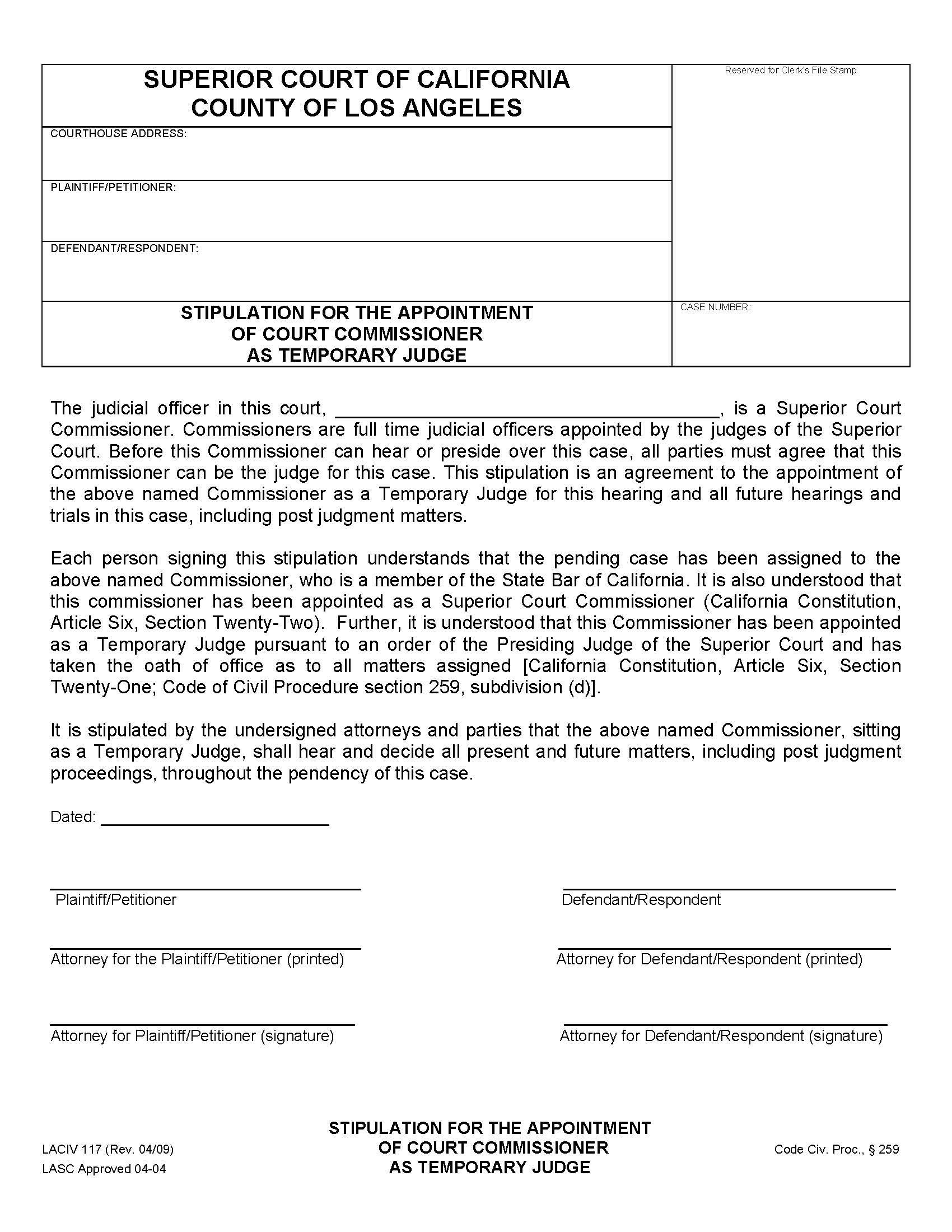 Stipulation For The Appointment Of Court Commissioner As Temporary Judge {LACIV117} | Pdf Fpdf Docx | California