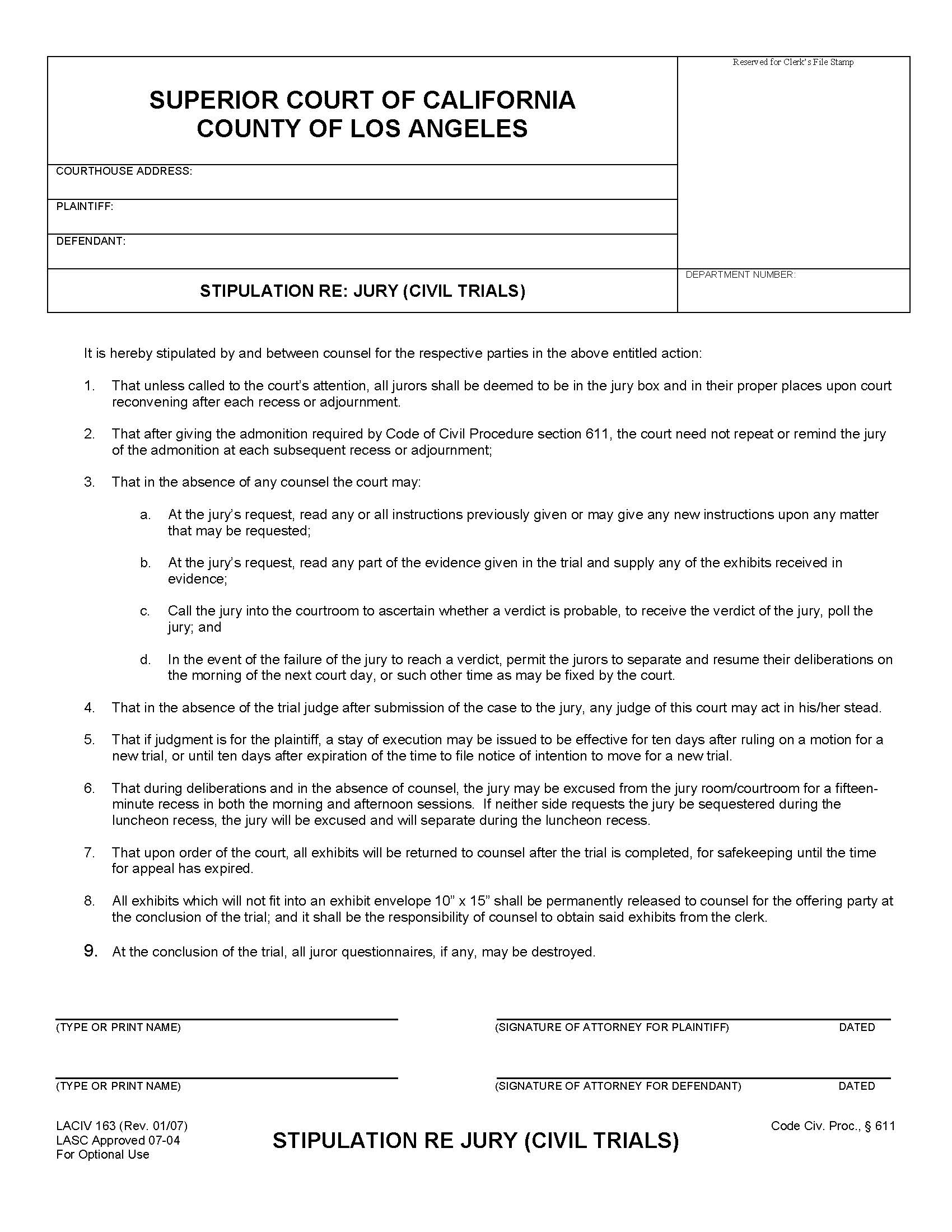 Stipulation Re Jury (Civil Trials) {LACIV 163} | Pdf Fpdf Doc Docx | California