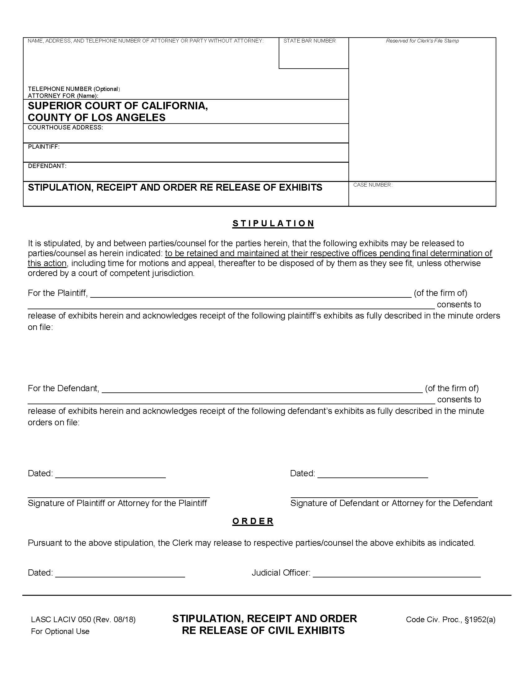 Stipulation Receipt And Order Re Release Of Civil Exhibits {LACIV 050} | Pdf Fpdf Docx | California