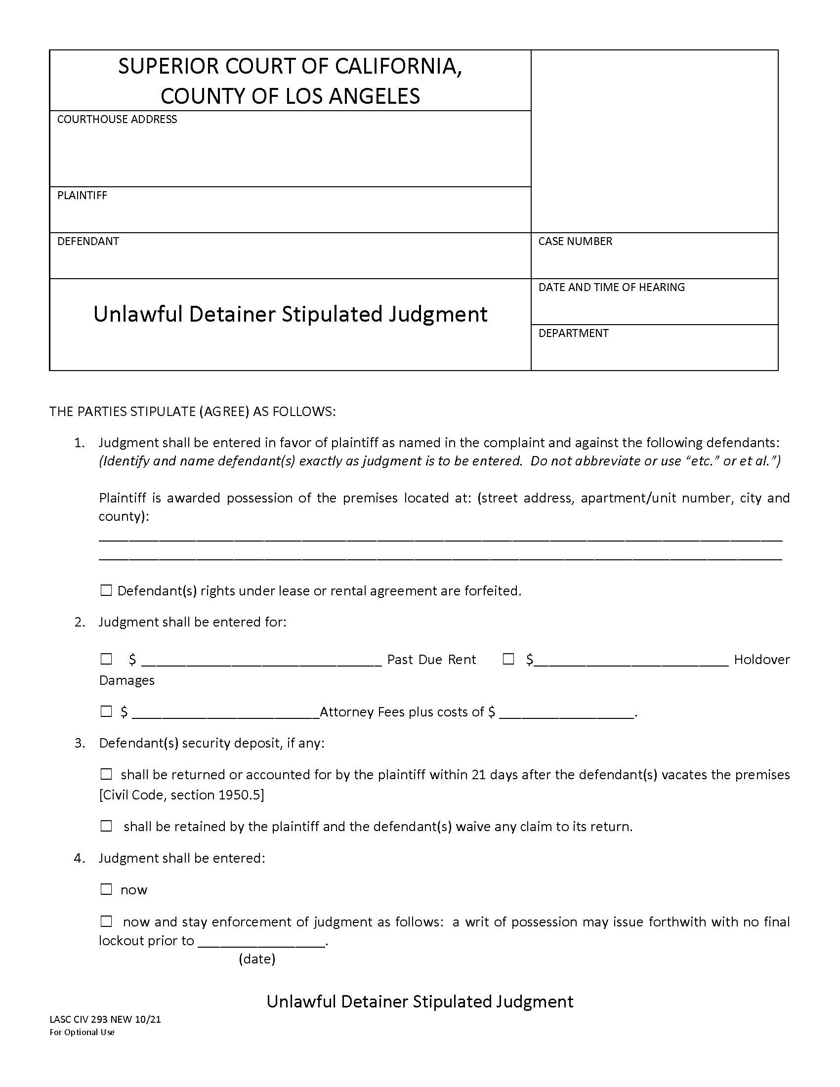 Unlawful Detainer {LACIV293} | Pdf Fpdf Docx | California