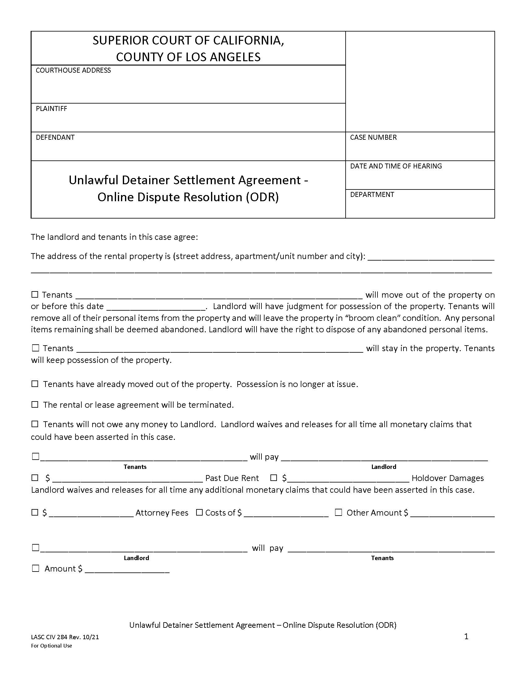 Unlawful Detainer Settlement Agreement {LACIV284} | Pdf Fpdf Docx | California