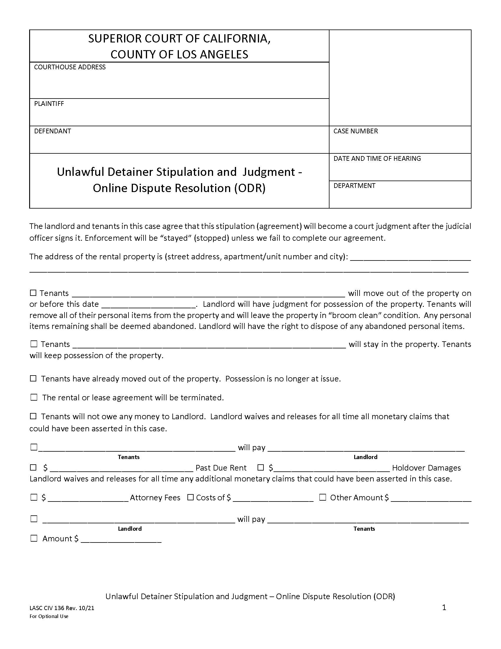 Unlawful Detainer Stipulation And Judgment {LACIV 136} | Pdf Fpdf Doc Docx | California