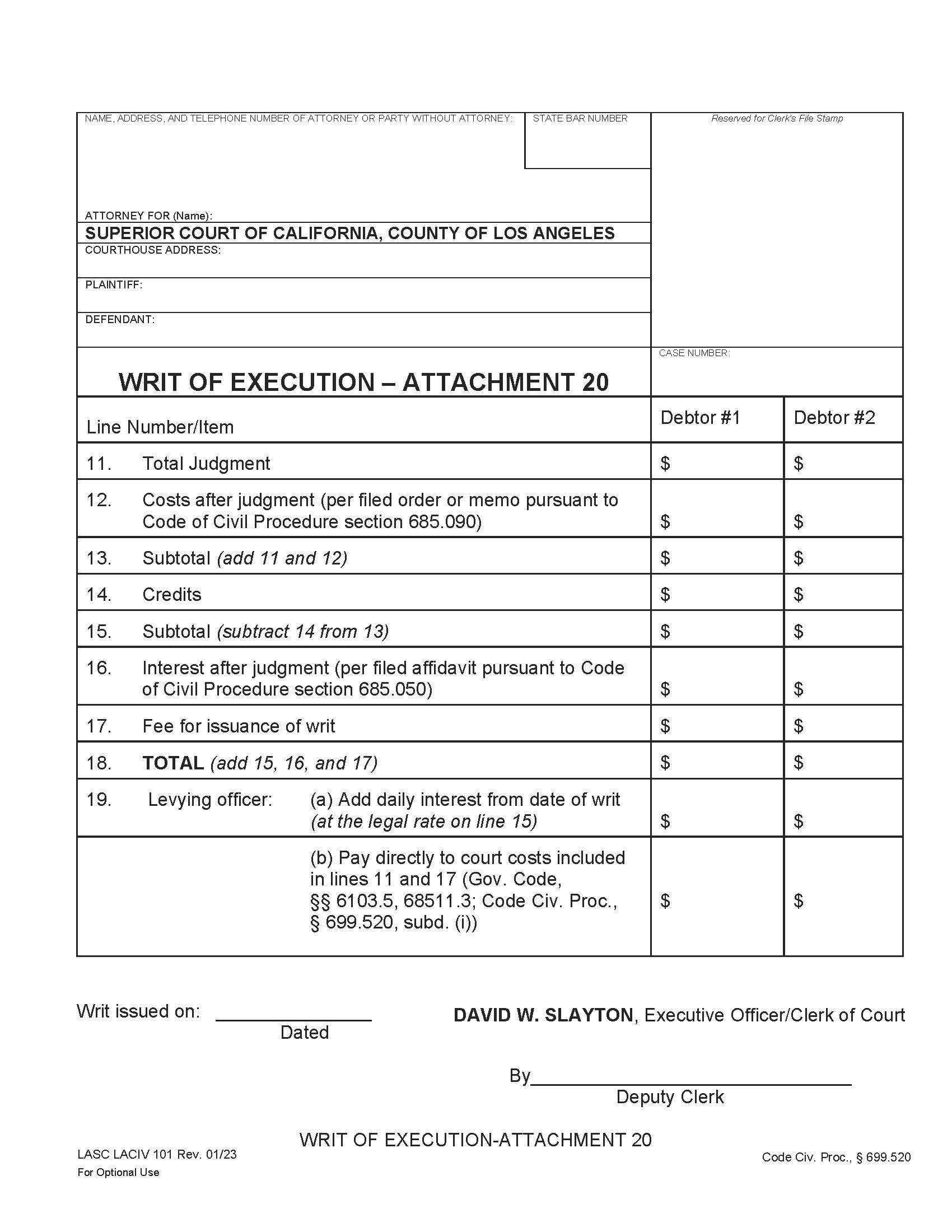 Writ Of Execution-Attachment 20 {LACIV 101} | Pdf Fpdf Doc Docx | California