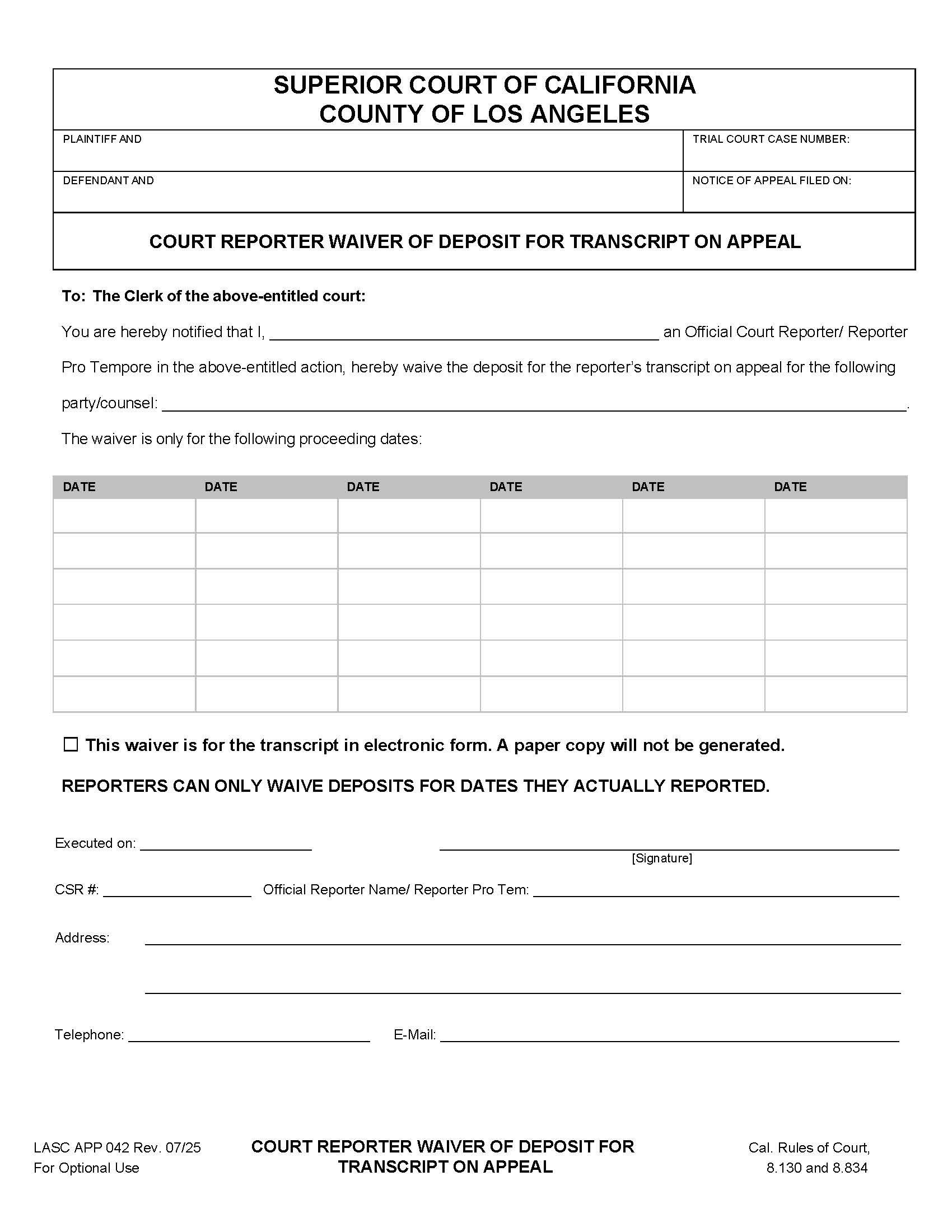 Court Reporter Waiver Of Deposit For Transcript On Appeal {LASC APP 042} | Pdf Fpdf Doc Docx | California