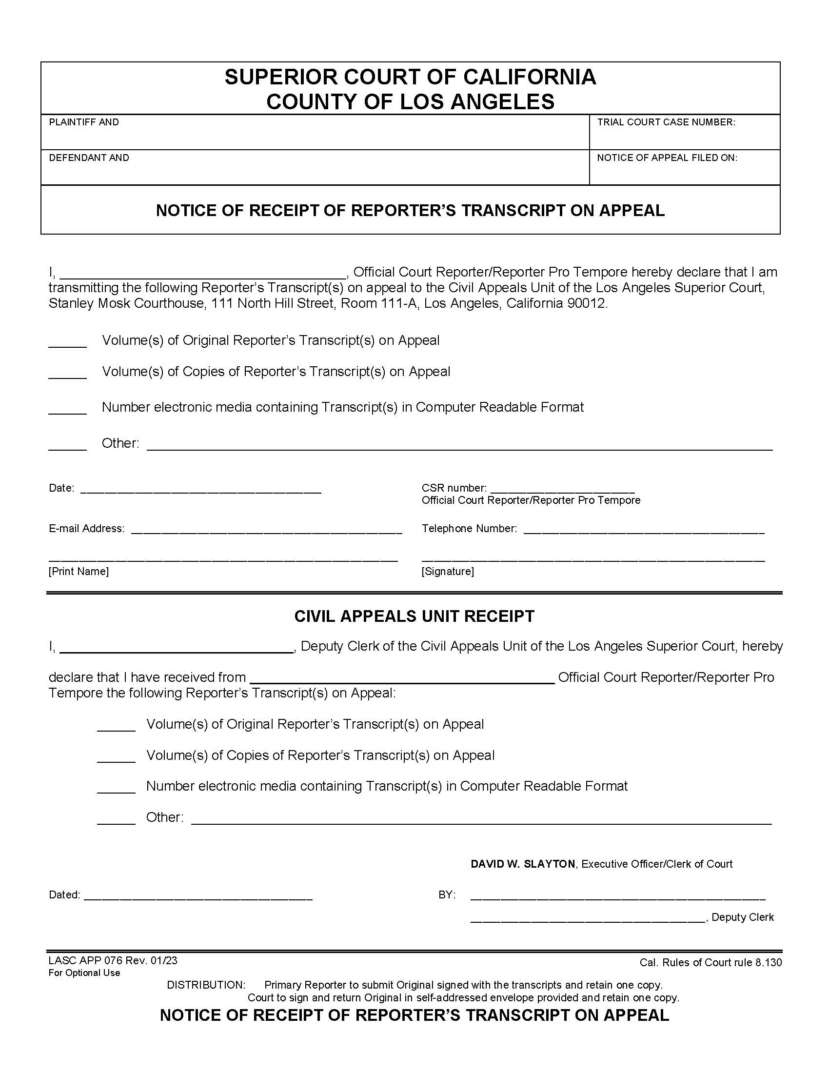 Notice Of Receipt Of Reporters Transcript On Appeal {LASC APP 076} | Pdf Fpdf Docx | California