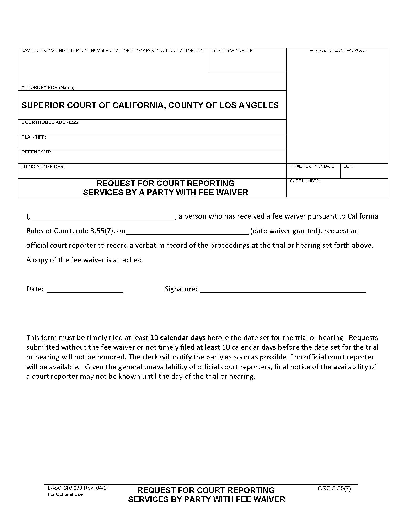 Request For Court Reporting Services By A Party With Fee Waiver {LACIV269} | Pdf Fpdf Docx | California