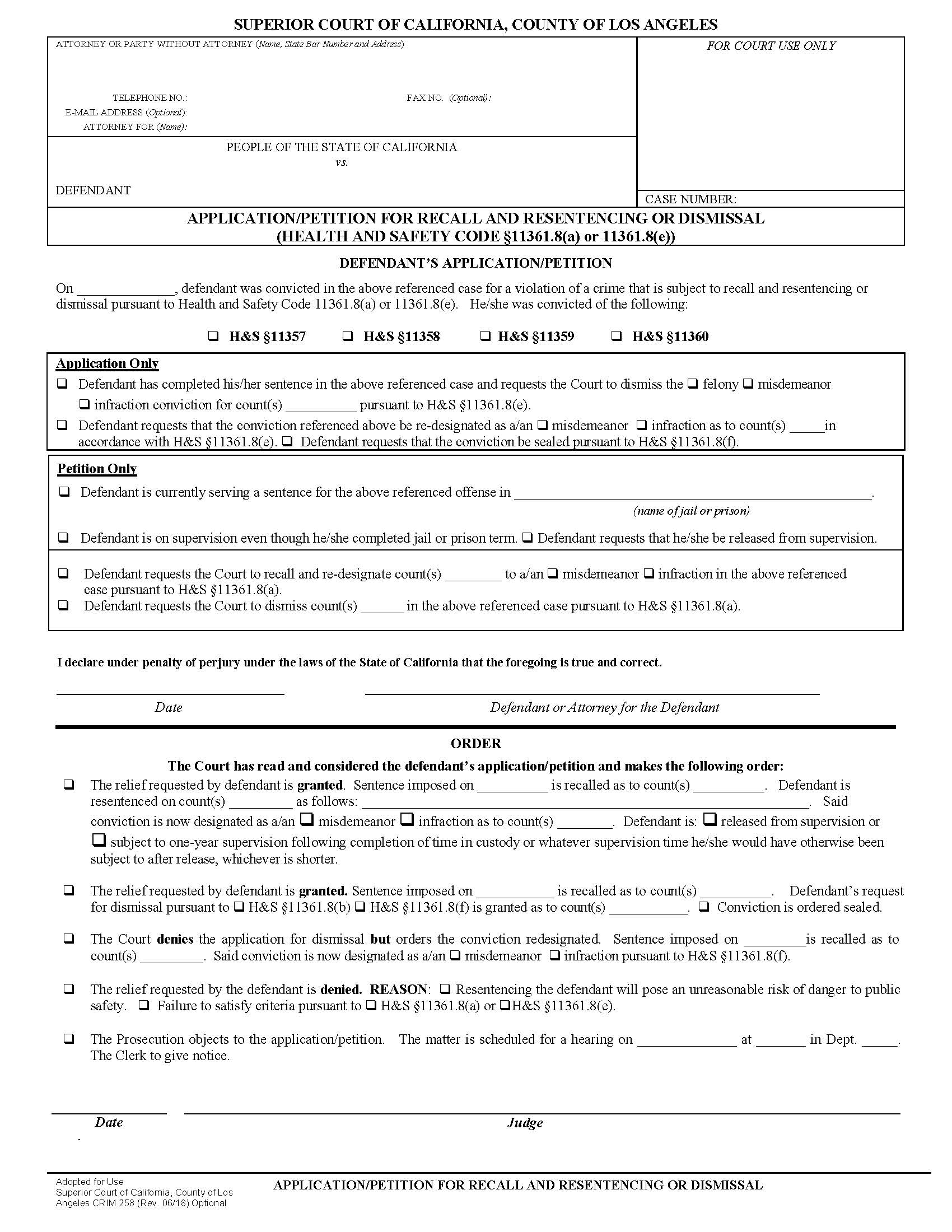 Application Petition For Recall And Resentencing Or Dismissal {CRIM 258} | Pdf Fpdf Docx | California