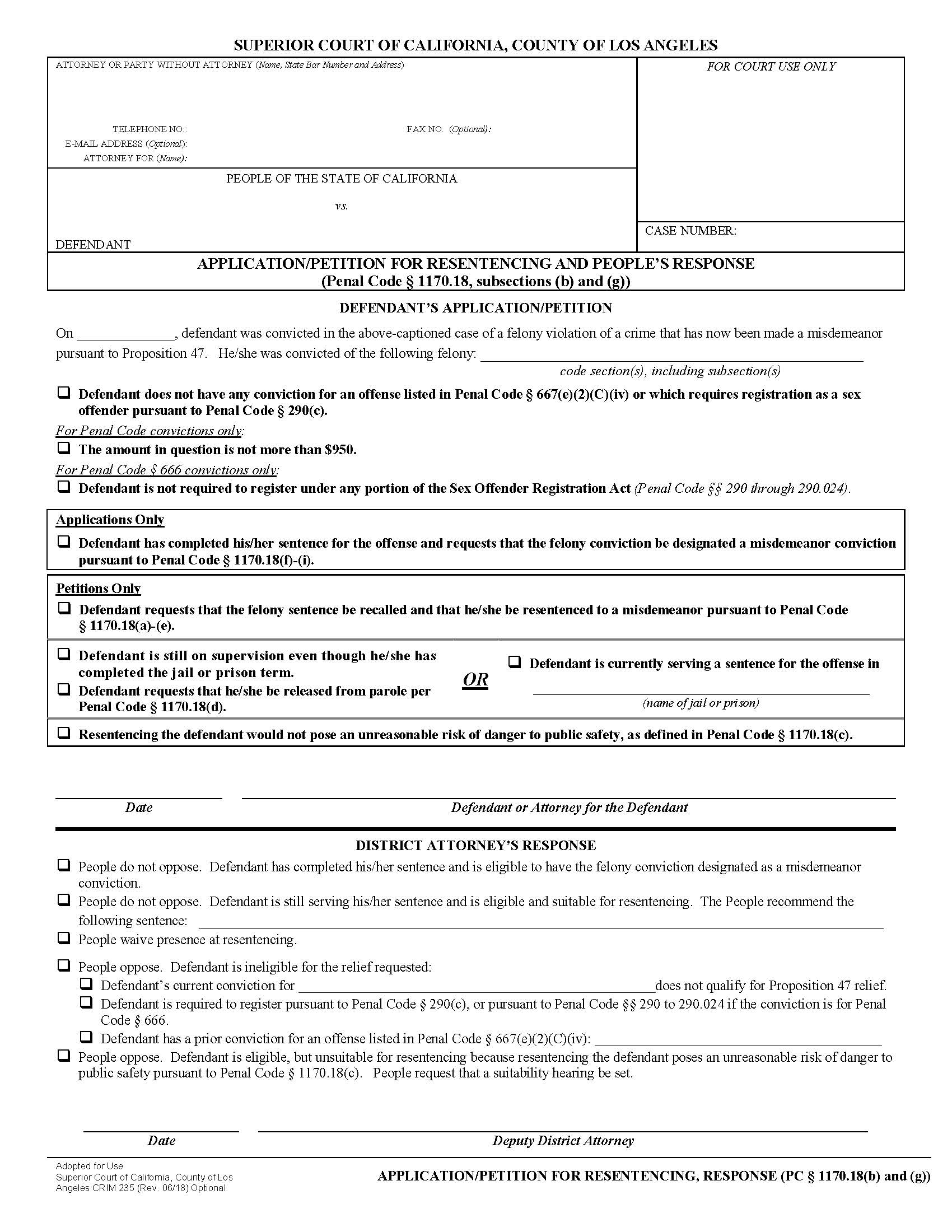 Application Petition For Resentencing And Peoples Response {CRIM 235} | Pdf Fpdf Docx | California